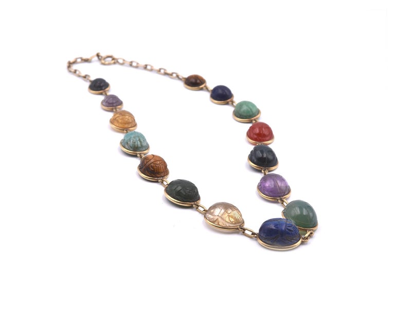 14 Karat Yellow Gold Scarab Necklace with Semi-Precious Stones at 1stDibs