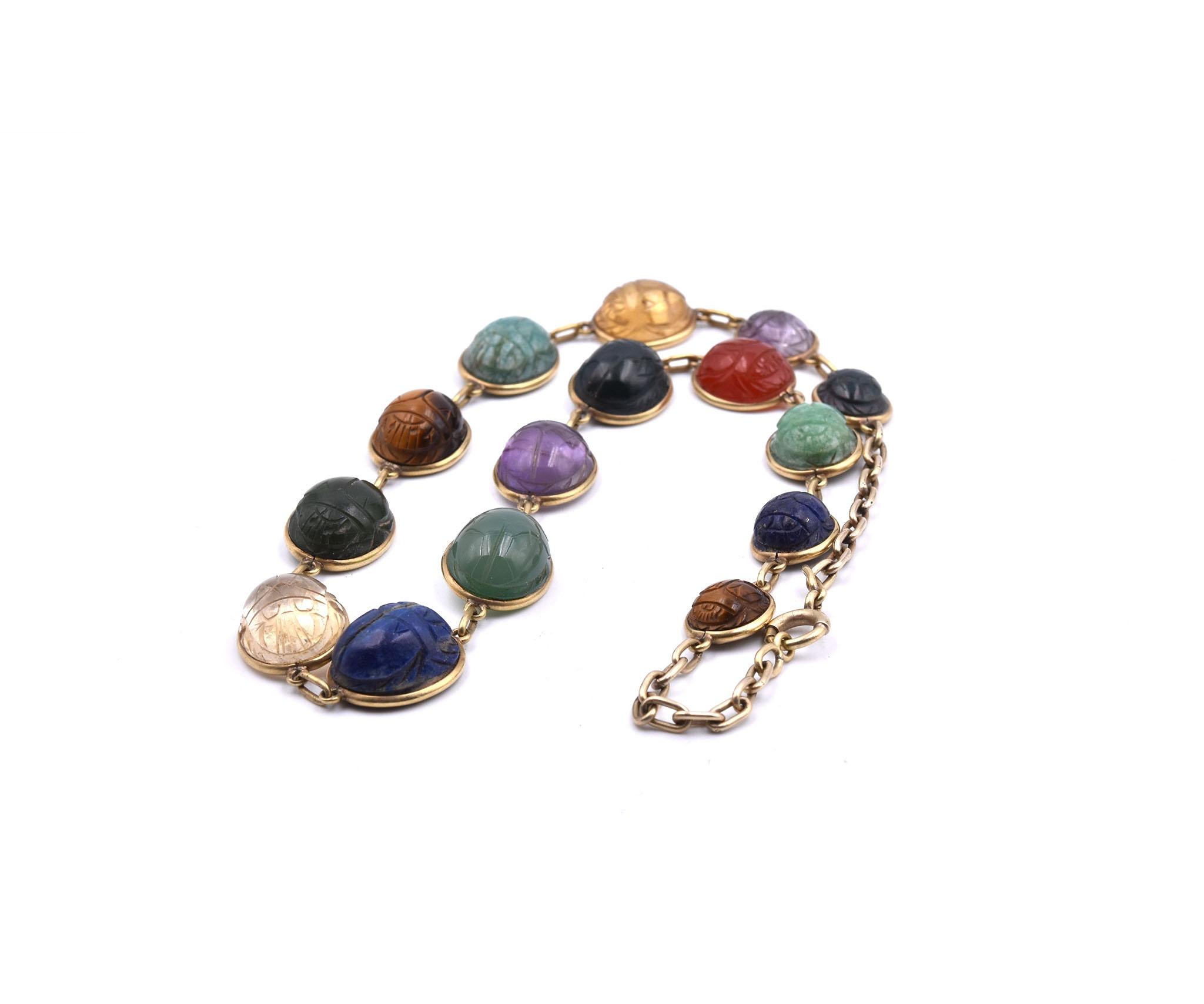 Women's 14 Karat Yellow Gold Scarab Necklace with Semi-Precious Stones