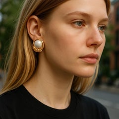 14K Yellow Gold Scroll Design Mabe Pearl Vintage Earrings