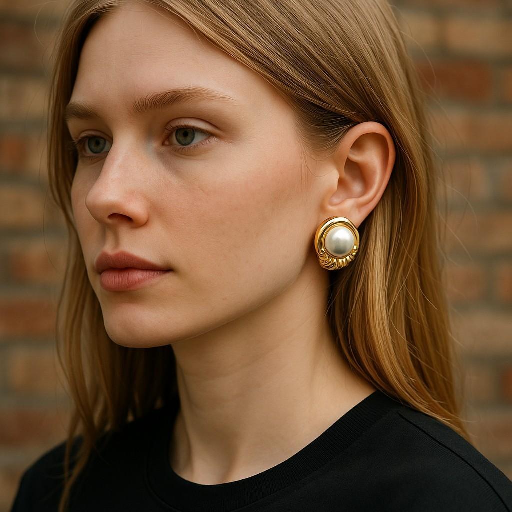 Pendientes de oro amarillo de 14 quilates con diseño de perlas Mabe Pearl Vintage Contemporáneo en venta