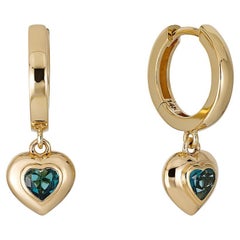 14k Yellow Gold Sea Green Tourmaline Heart Drop Hoop Earrings