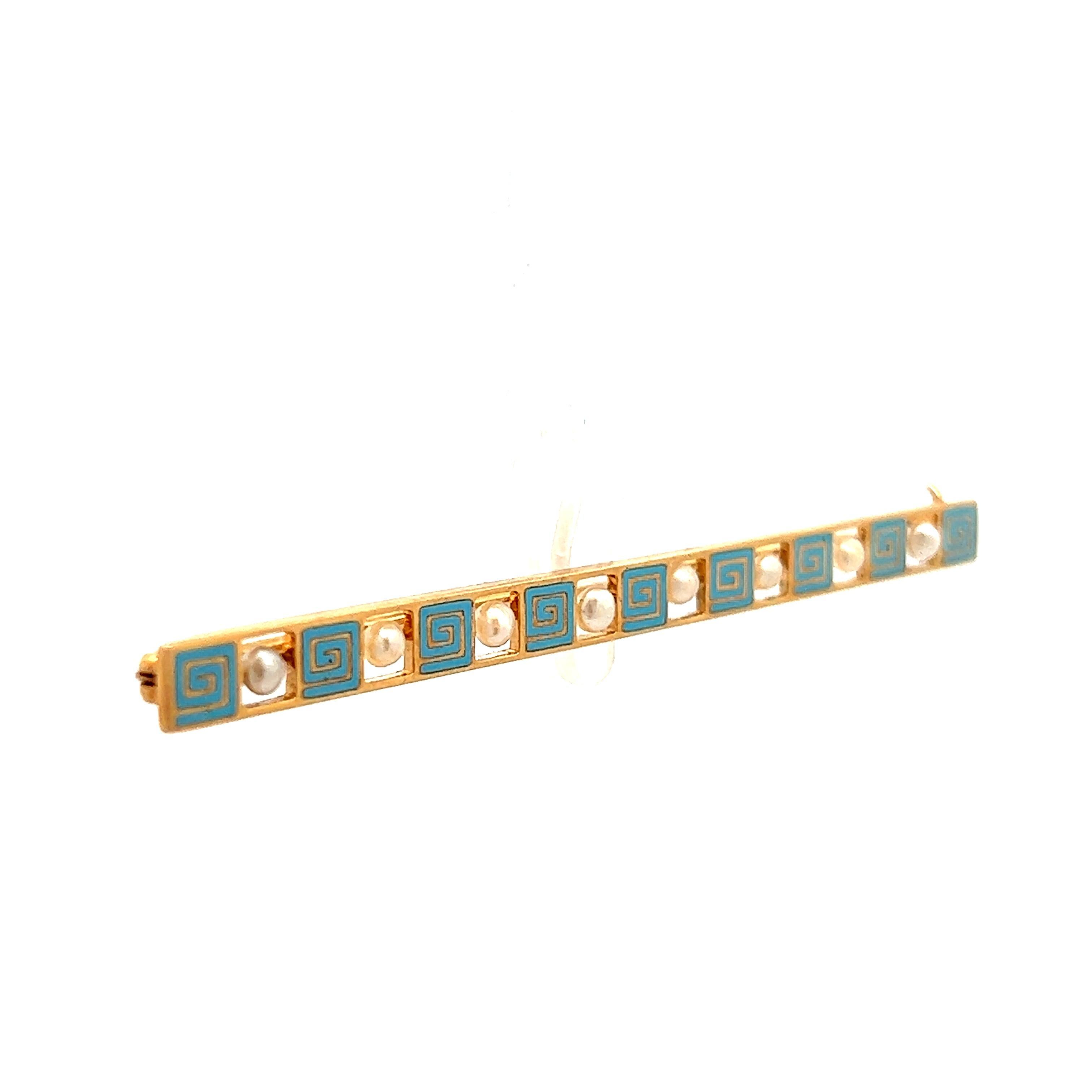 Owning this 14k yellow gold enamel bar pin with seed pearls from 1915 Art Deco is an opportunity to elevate your jewelry collection. The intricate Art Deco design features delicate enamel detailing that adds a touch of softness to the pin. Adorned