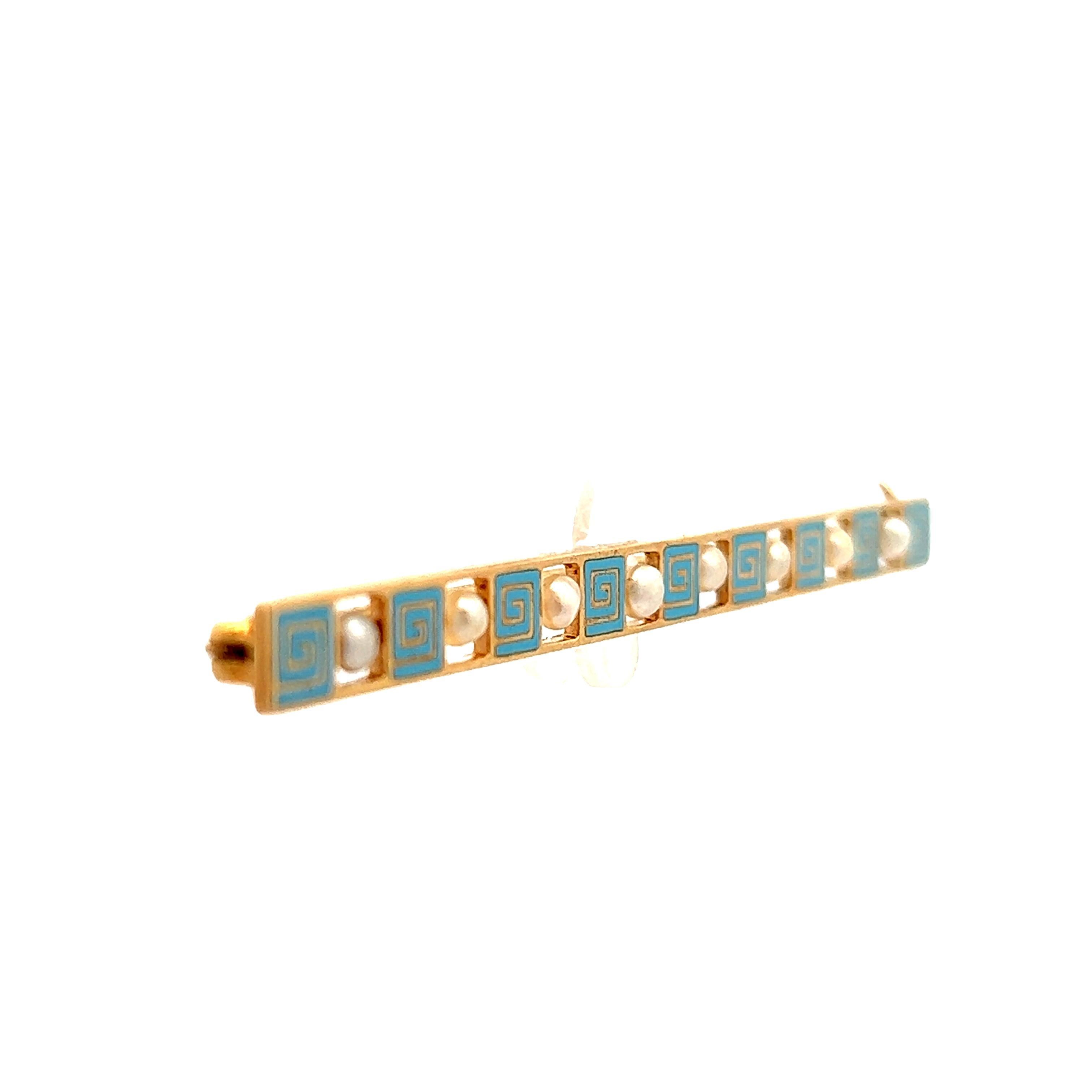 14K Yellow Gold Seed Pearl and Blue Enamel Bar Pin from 1915 Art Deco Greek Key In Good Condition For Sale In Lexington, KY