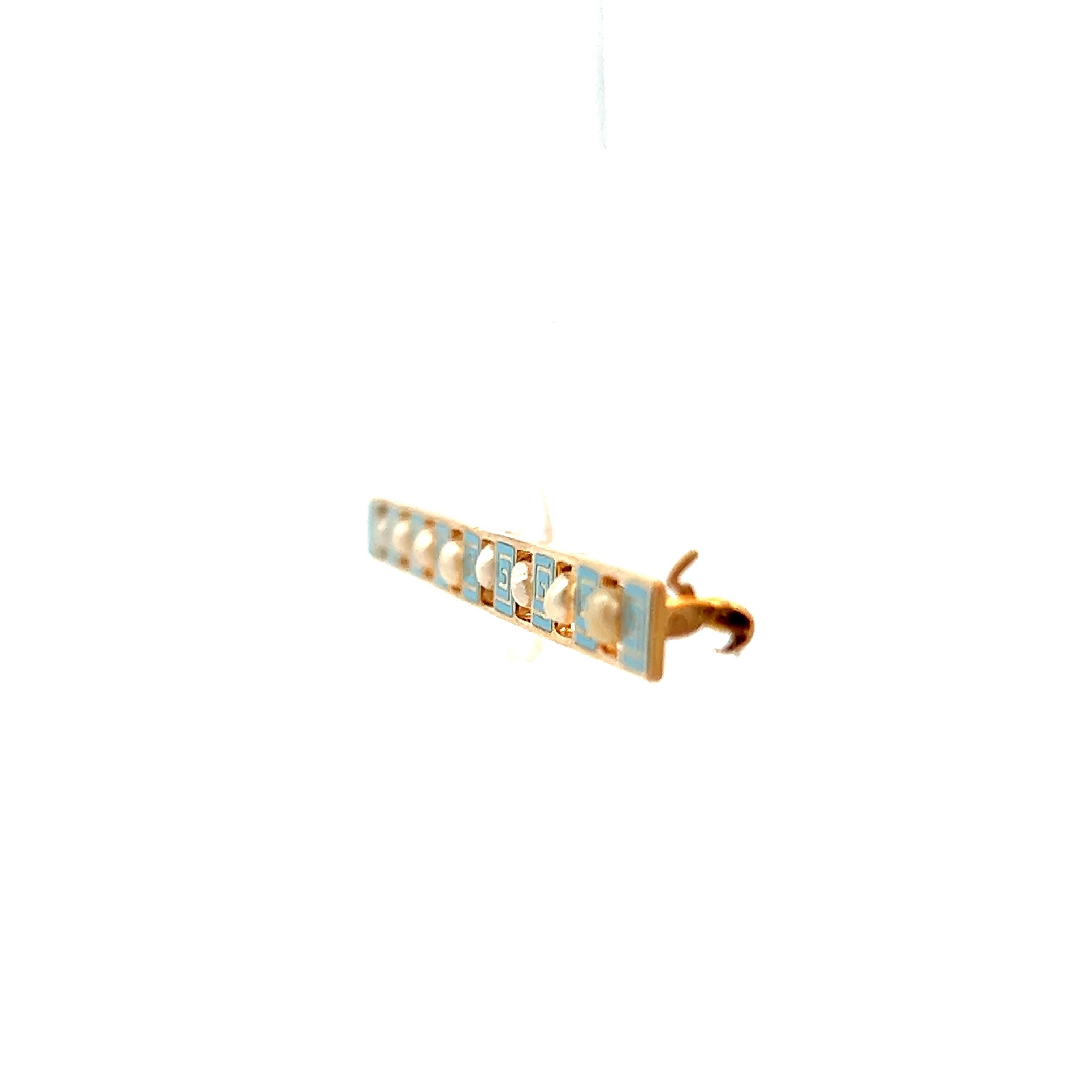 Women's 14K Yellow Gold Seed Pearl and Blue Enamel Bar Pin from 1915 Art Deco Greek Key For Sale