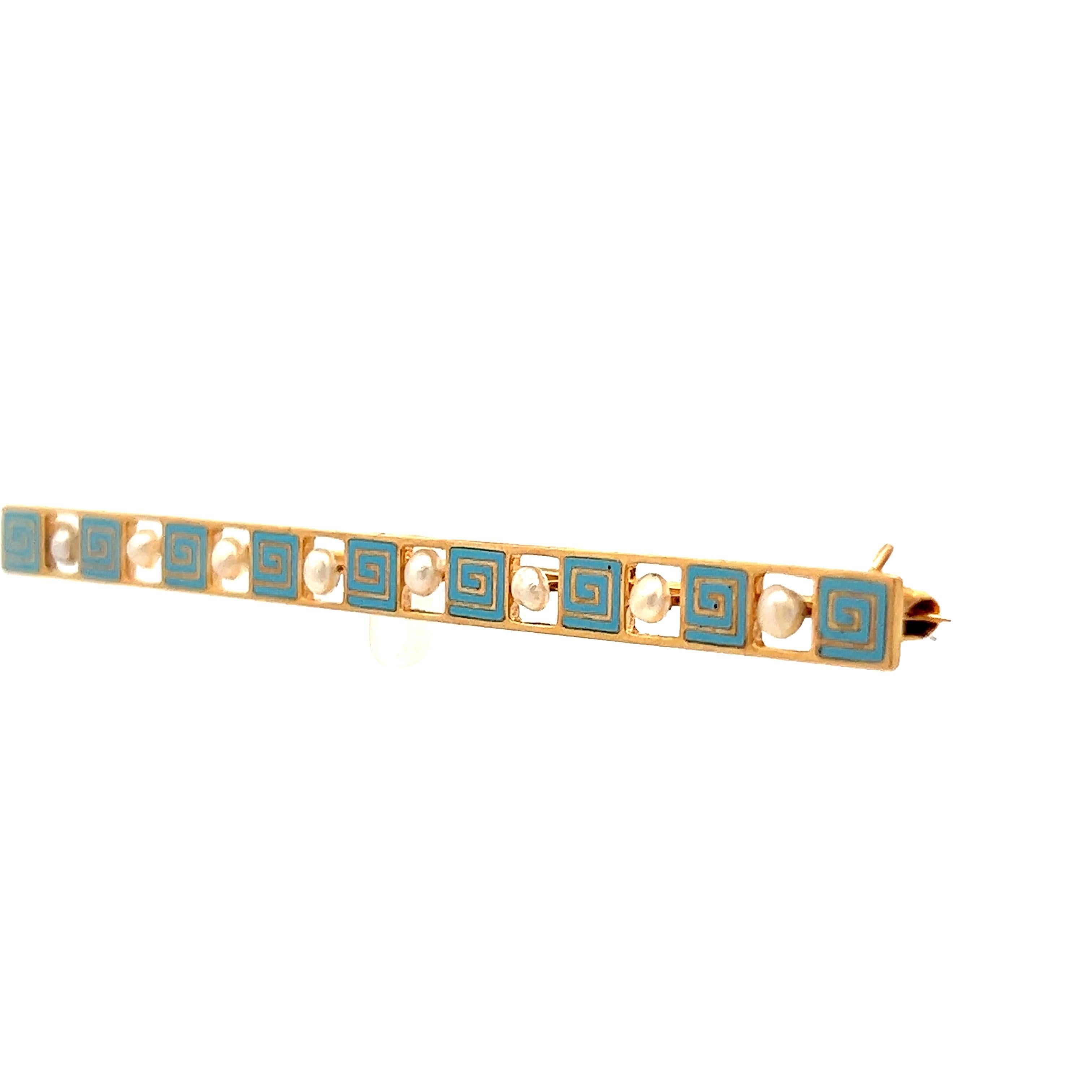 14K Yellow Gold Seed Pearl and Blue Enamel Bar Pin from 1915 Art Deco Greek Key For Sale 1