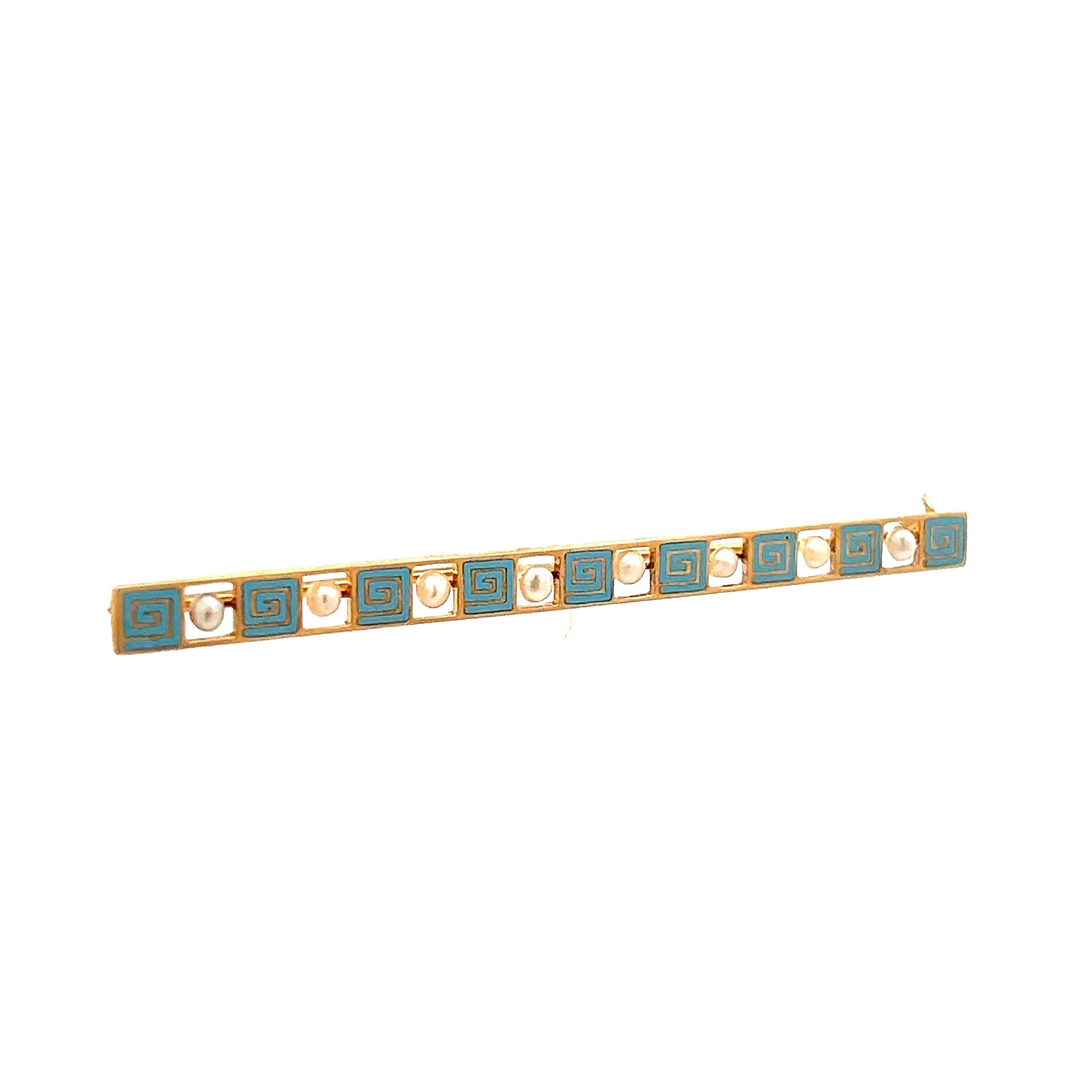 14K Yellow Gold Seed Pearl and Blue Enamel Bar Pin from 1915 Art Deco Greek Key For Sale 2