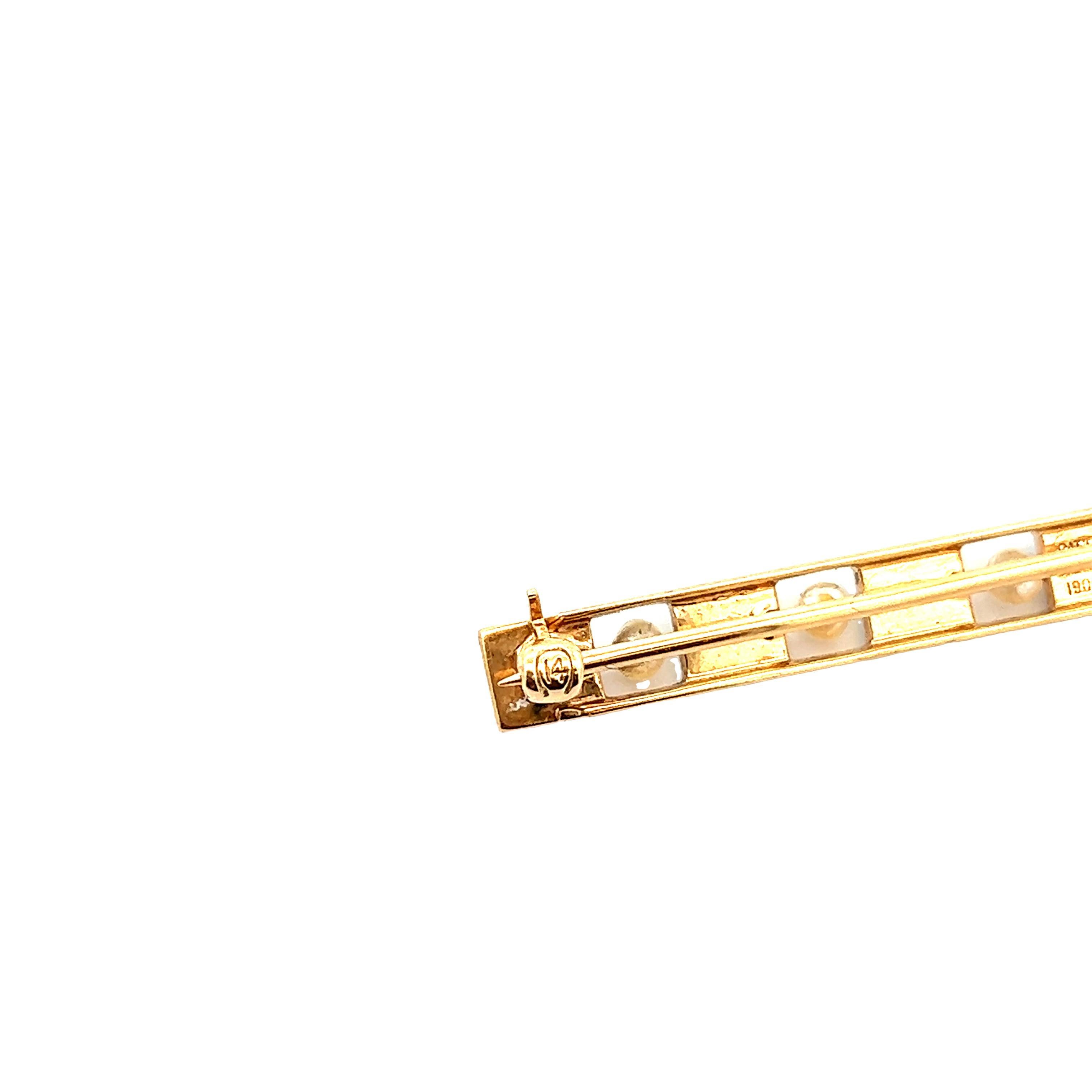14K Yellow Gold Seed Pearl and Blue Enamel Bar Pin from 1915 Art Deco Greek Key For Sale 3