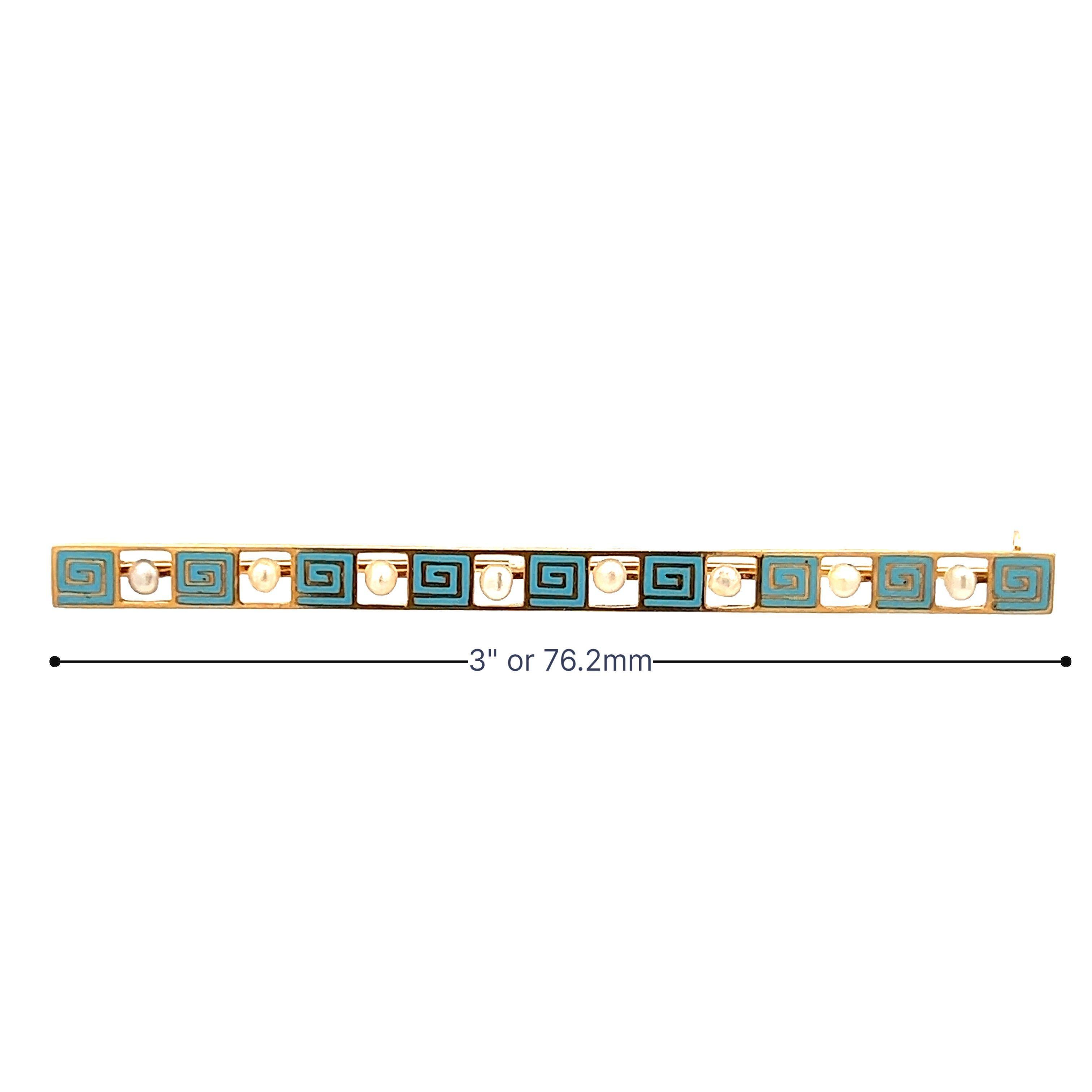 14K Yellow Gold Seed Pearl and Blue Enamel Bar Pin from 1915 Art Deco Greek Key For Sale 4