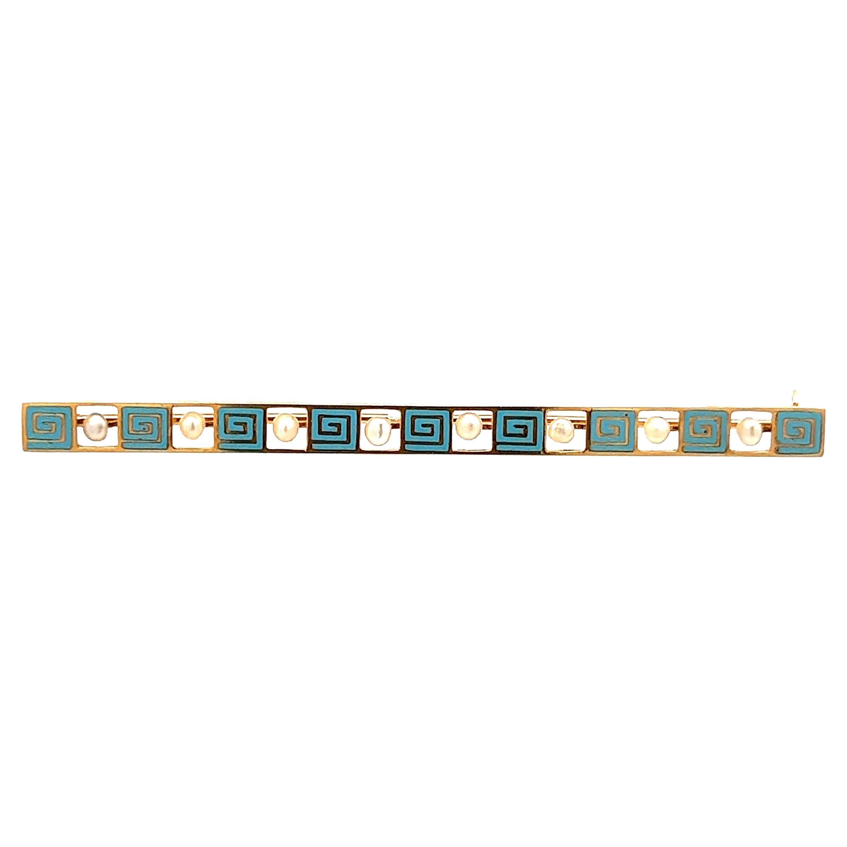 14K Yellow Gold Seed Pearl and Blue Enamel Bar Pin from 1915 Art Deco Greek Key For Sale