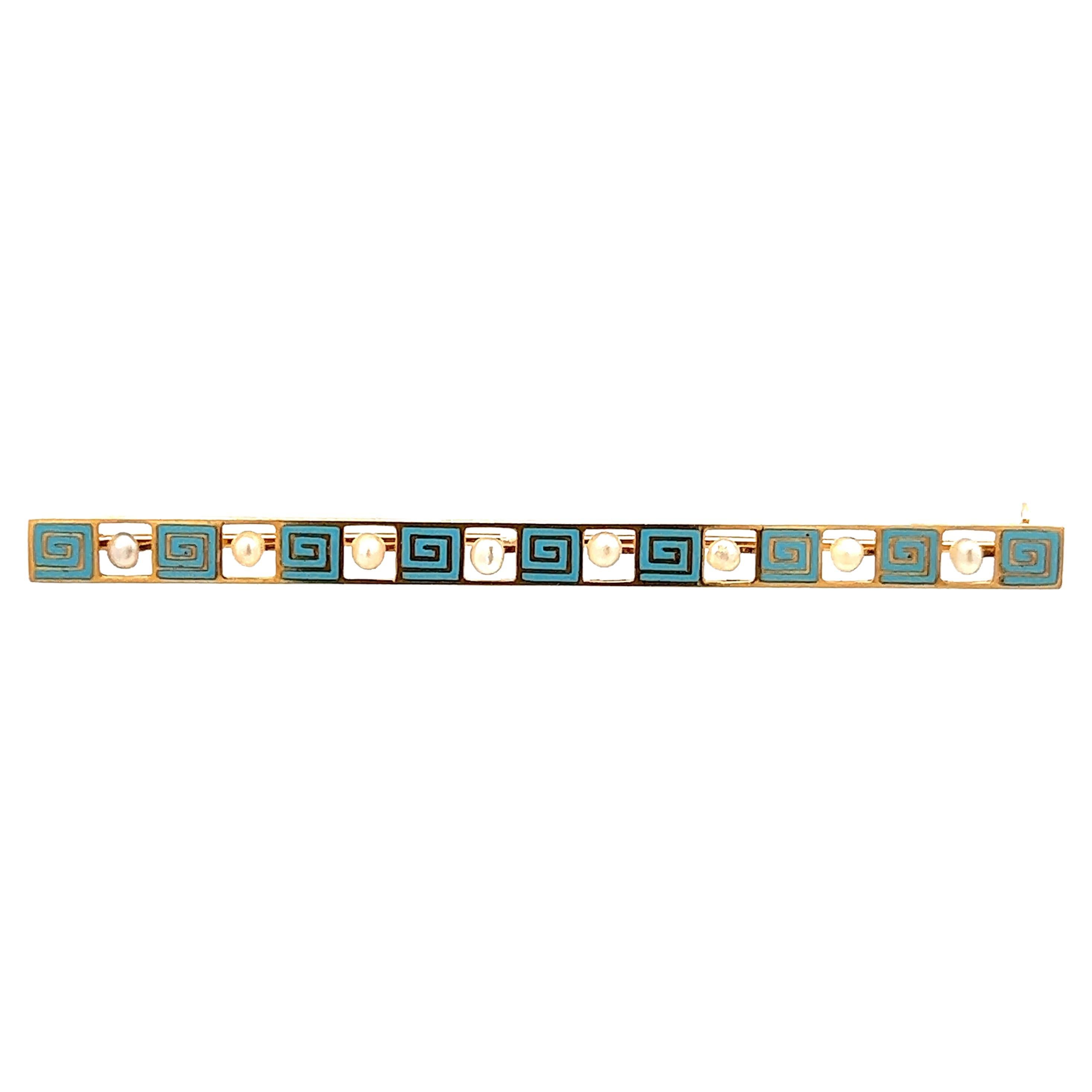 14K Yellow Gold Seed Pearl and Blue Enamel Bar Pin from 1915 Art Deco Greek Key