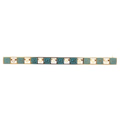 14K Yellow Gold Seed Pearl and Blue Enamel Bar Pin from 1915 Art Deco Greek Key