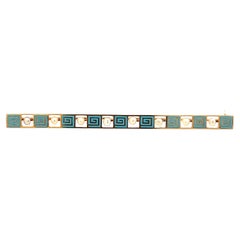14K Yellow Gold Seed Pearl and Blue Enamel Bar Pin from 1915 Art Deco Greek Key