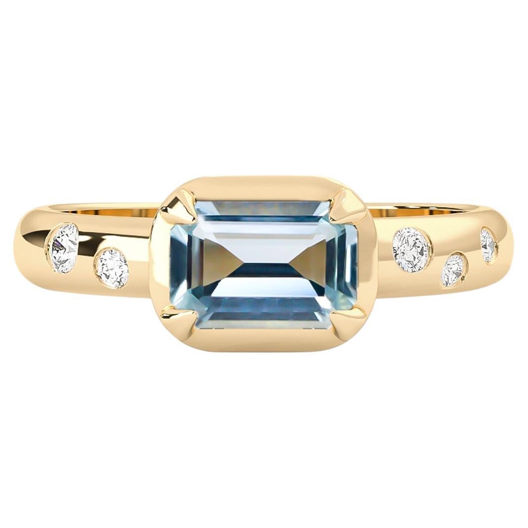 14k Yellow Gold Serene Lagoon Ring, Natural Aquamarine & Diamond