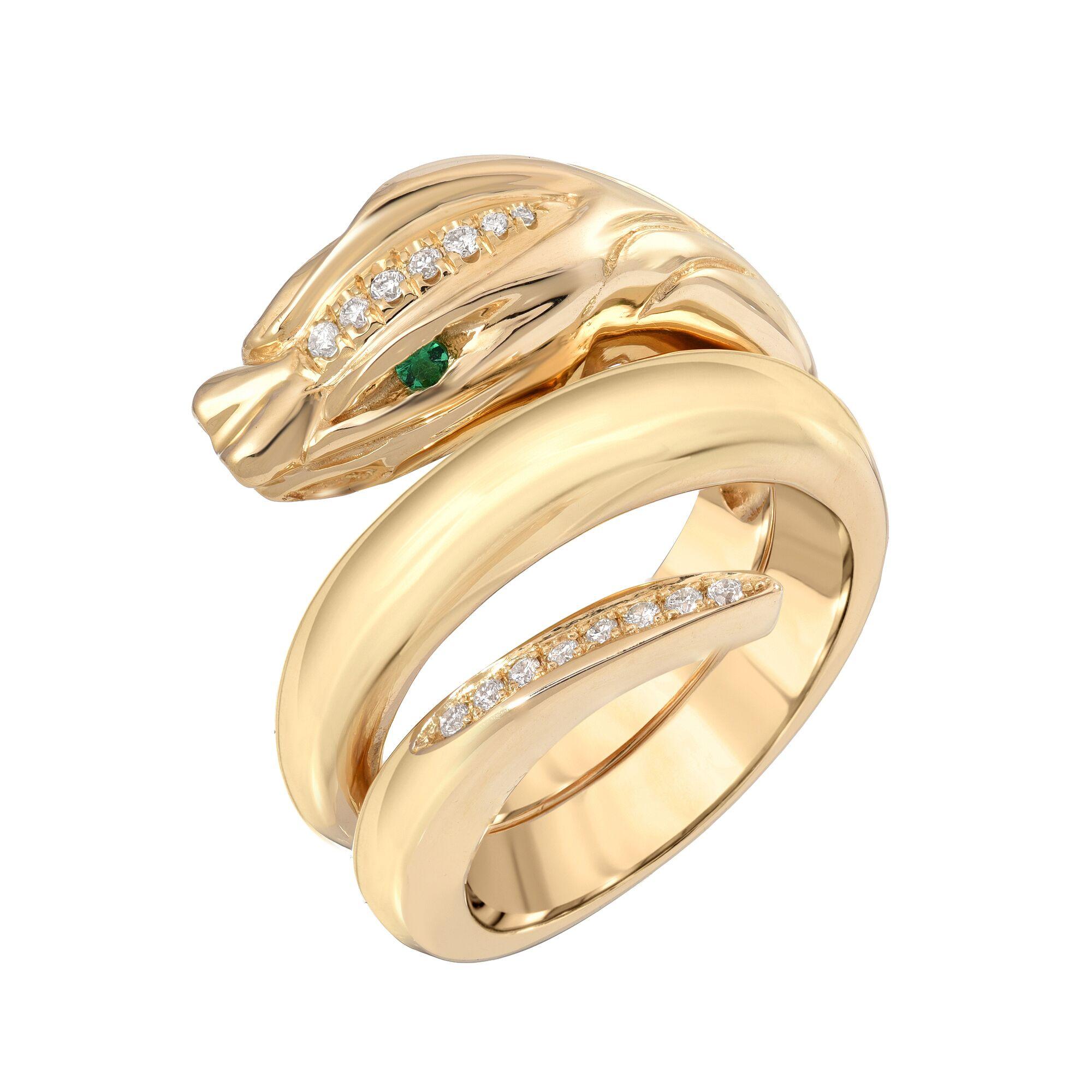 Round Cut House of RAVN, 14k Gold Serpent Ring with Emerald Eyes & Diamond Crown & Tail For Sale