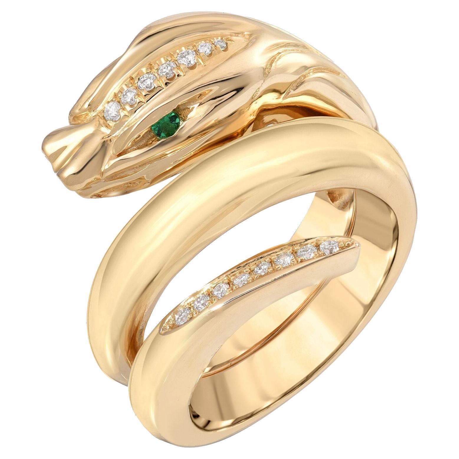 House of RAVN, 14k Gold Serpent Ring with Emerald Eyes & Diamond Crown & Tail
