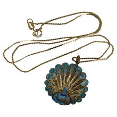 14k Yellow Gold Serpentine Necklace & Filigree Enamel Peacock Pendant 1.3g