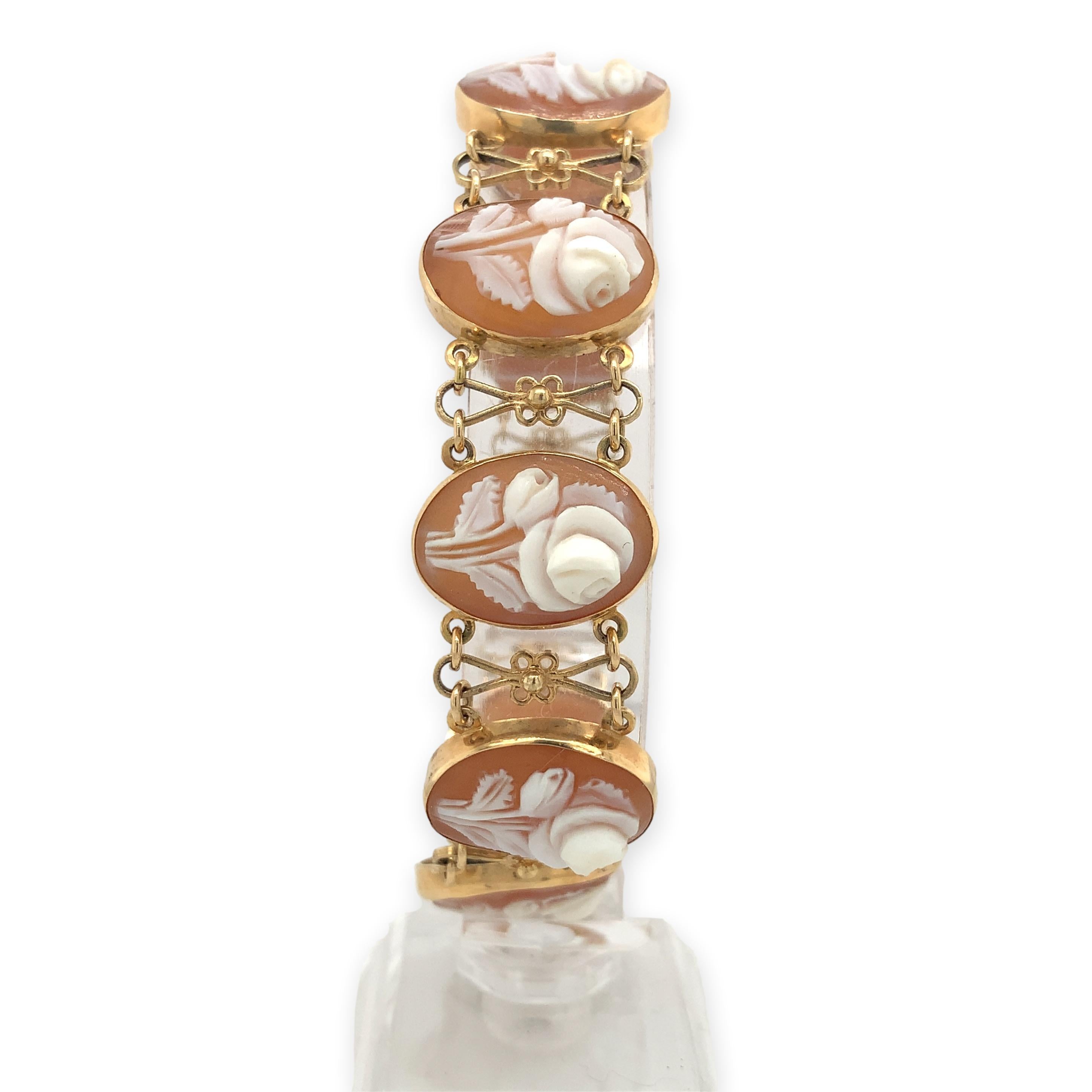 14K Gelbgold Muschel-Kamee-Armband mit geschnitzten Rosen 7 3/8