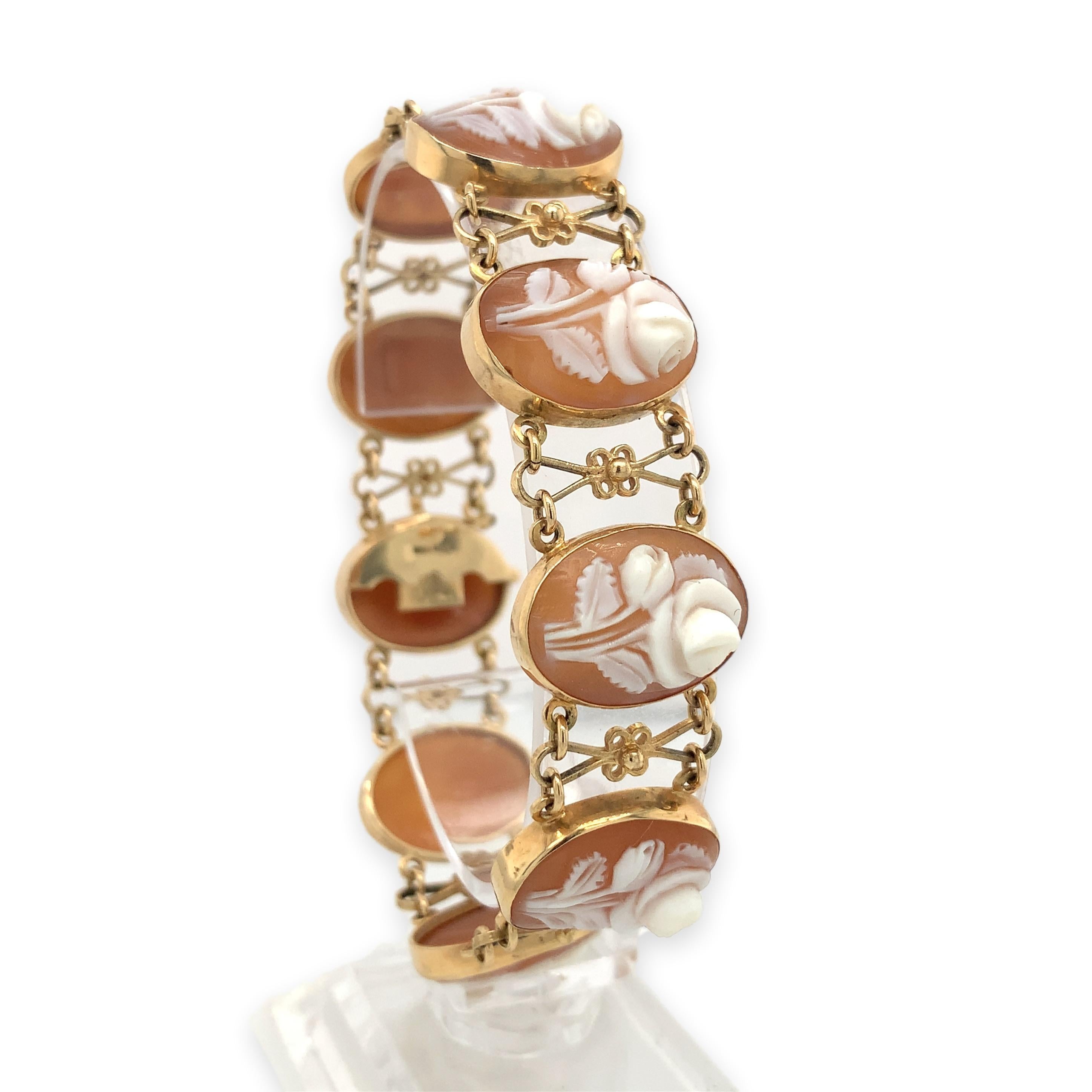 14K Gelbgold Muschel-Kamee-Armband mit geschnitzten Rosen 7 3/8