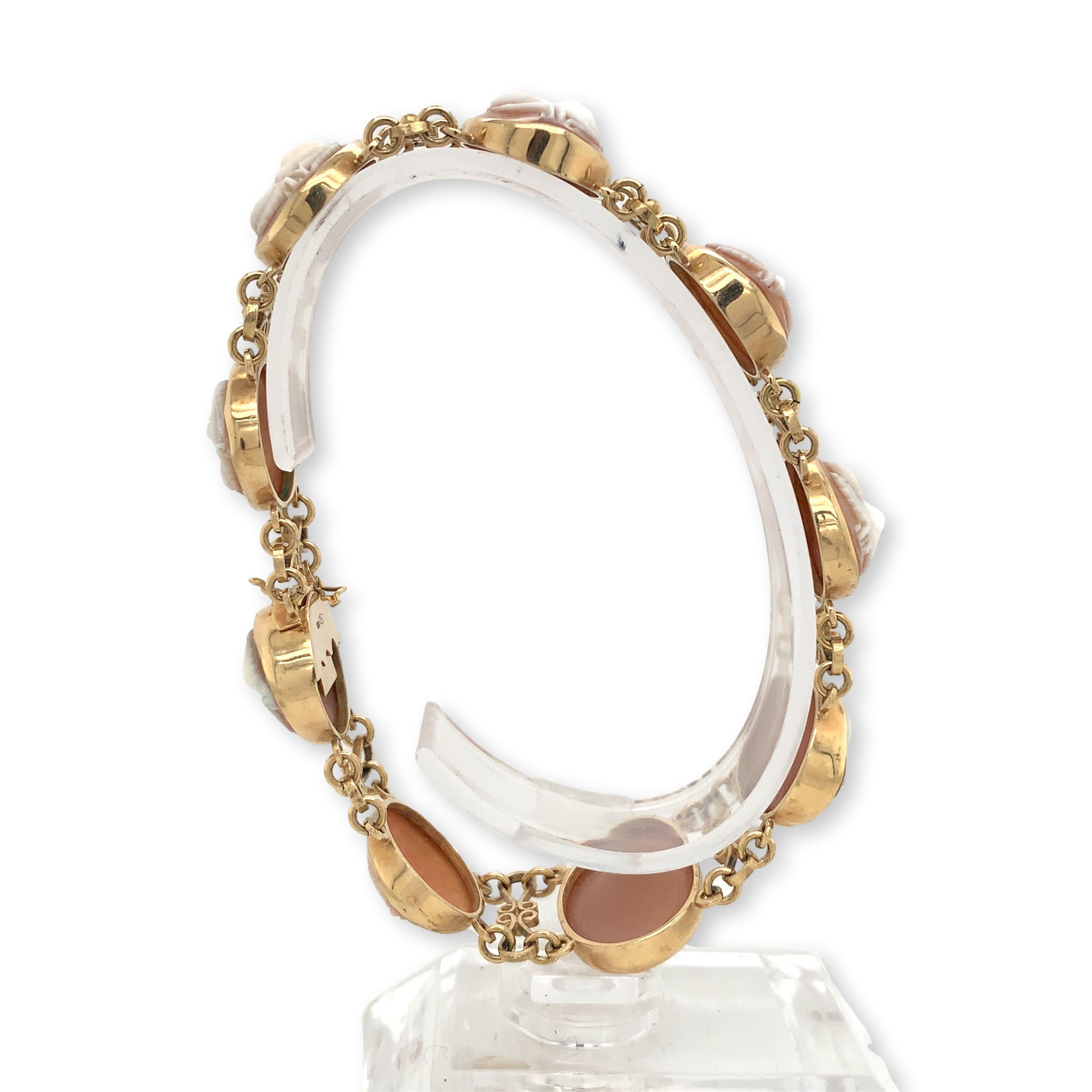 14K Gelbgold Muschel-Kamee-Armband mit geschnitzten Rosen 7 3/8