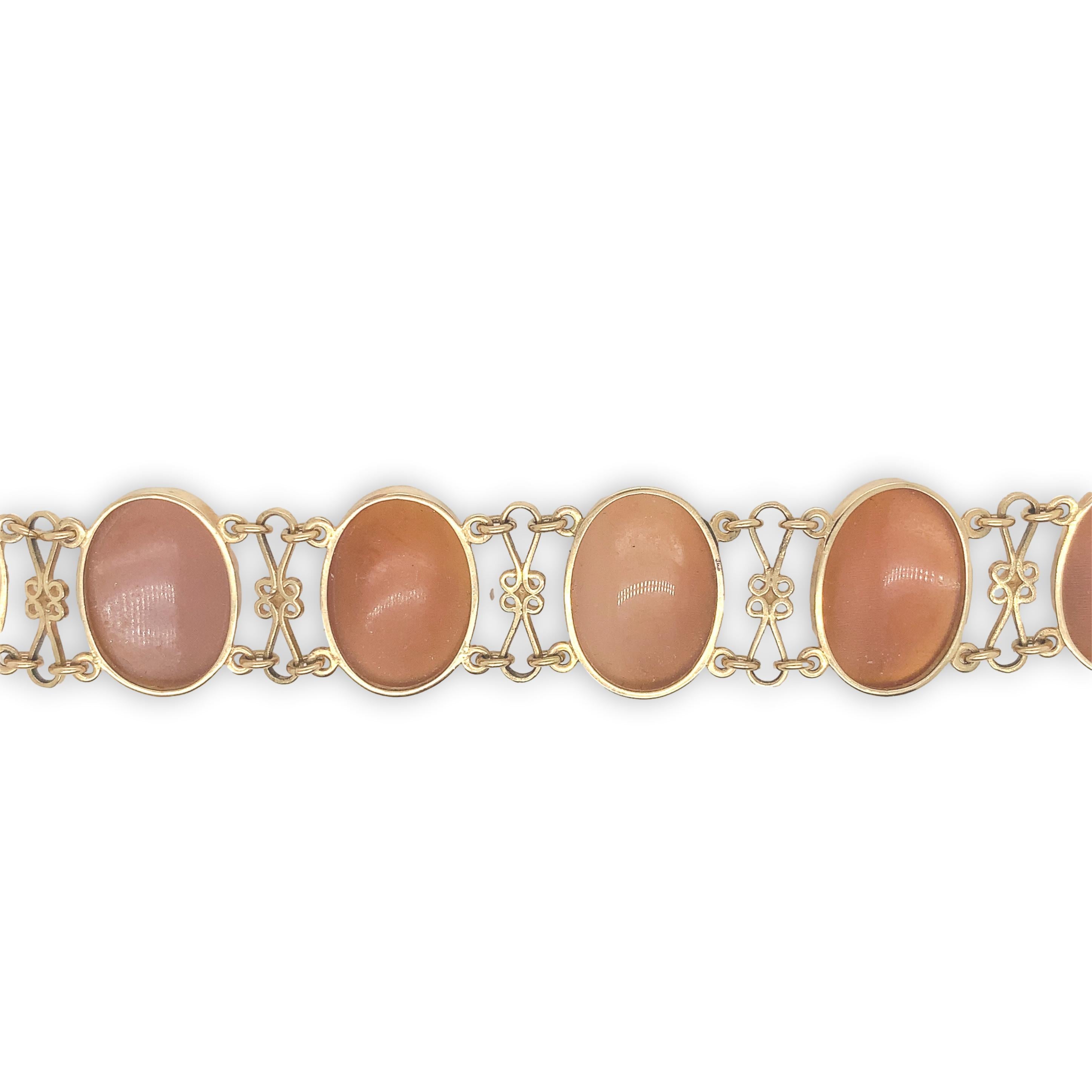 14K Gelbgold Muschel-Kamee-Armband mit geschnitzten Rosen 7 3/8