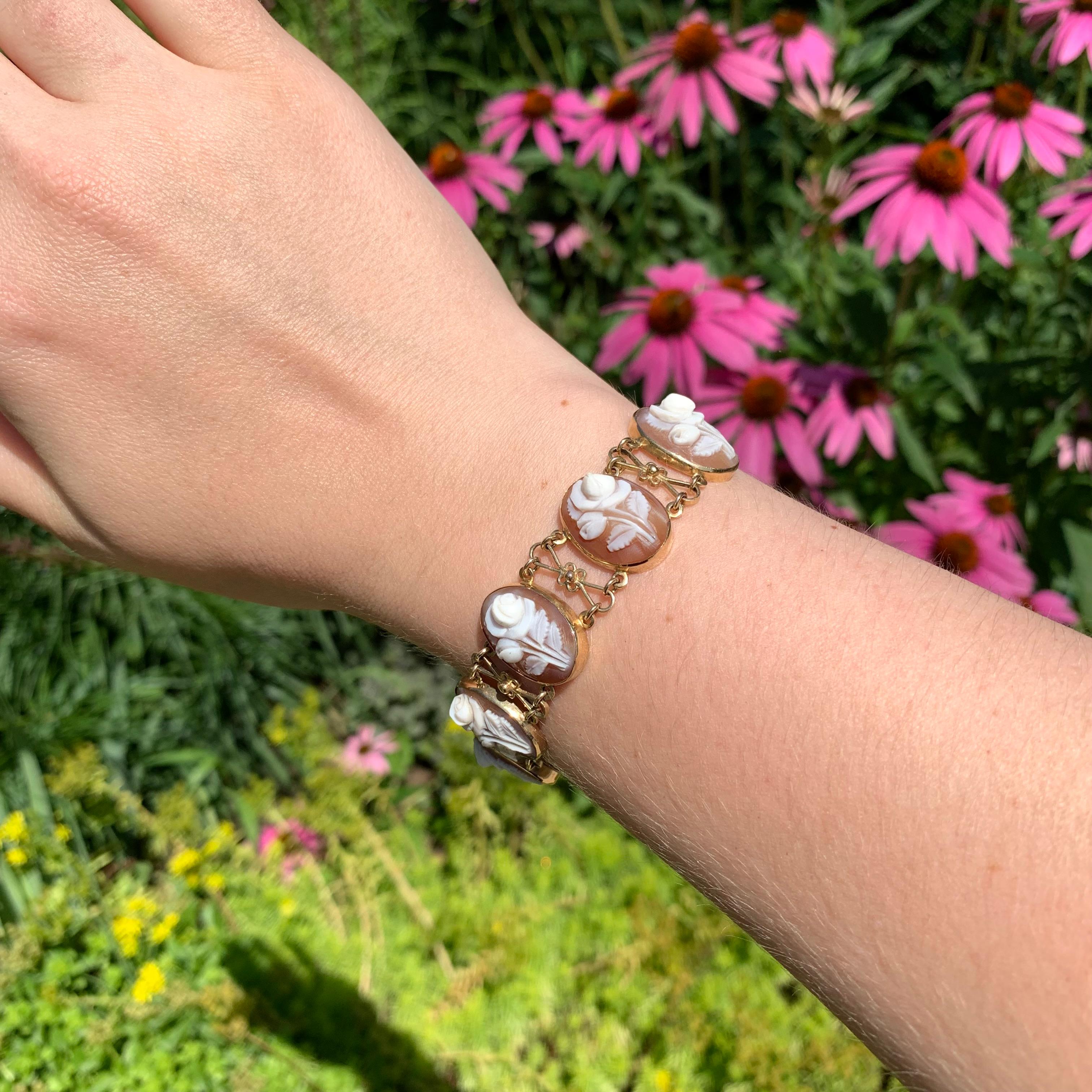 14K Gelbgold Muschel-Kamee-Armband mit geschnitzten Rosen 7 3/8