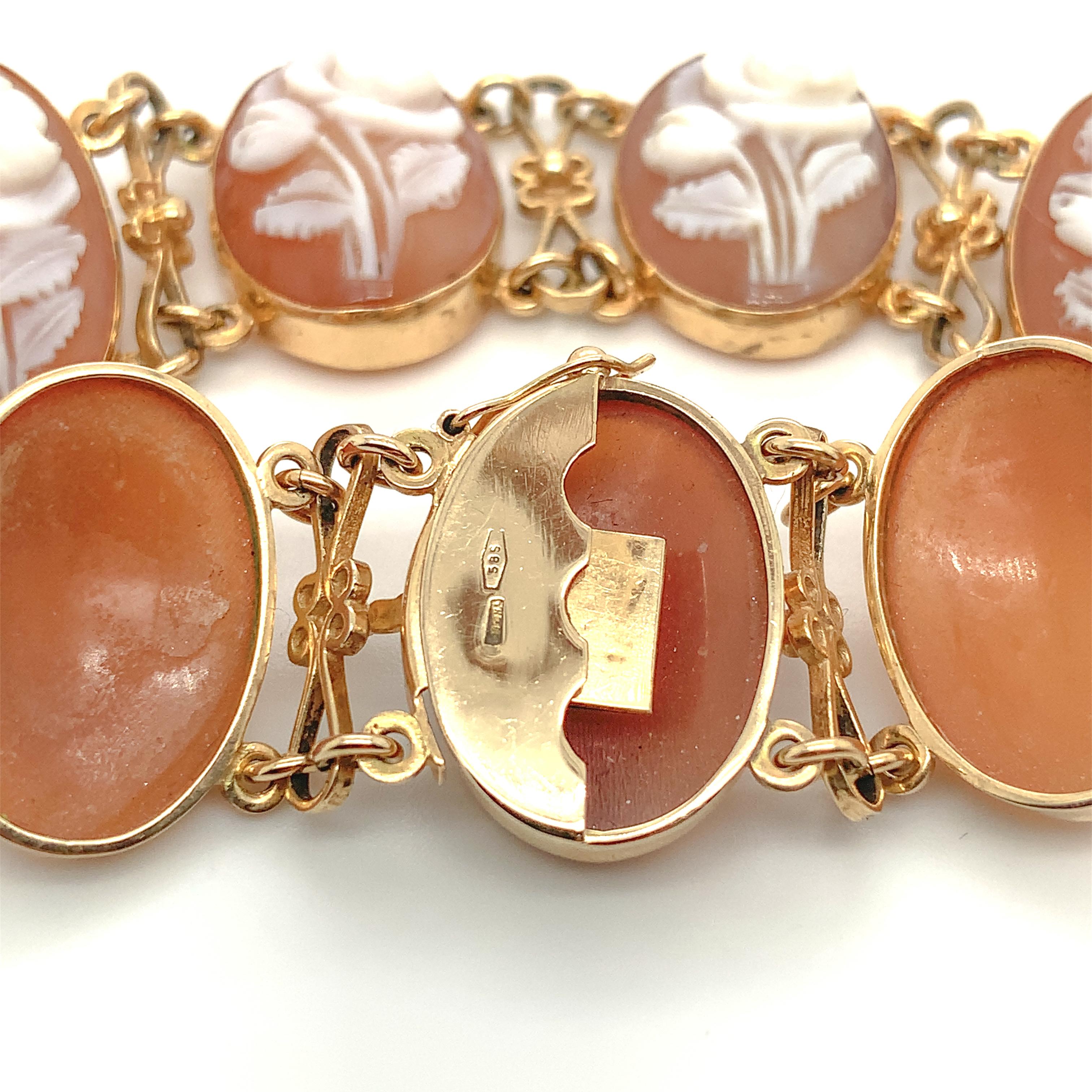 14K Gelbgold Muschel-Kamee-Armband mit geschnitzten Rosen 7 3/8