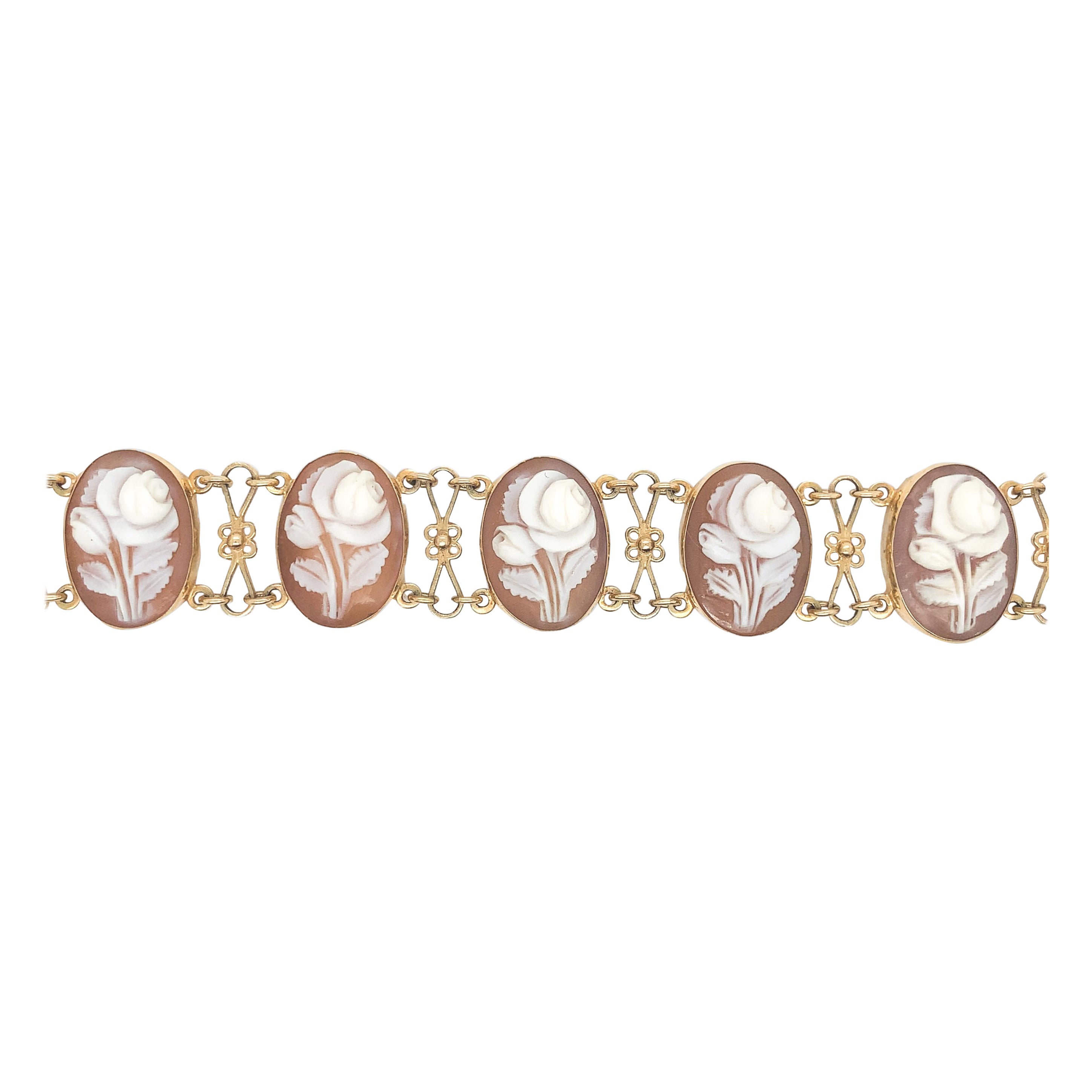 14K Gelbgold Muschel-Kamee-Armband mit geschnitzten Rosen 7 3/8"