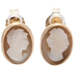 Vintage 14 Karat Yellow Gold and Shell Lady Cameo Stud Earrings