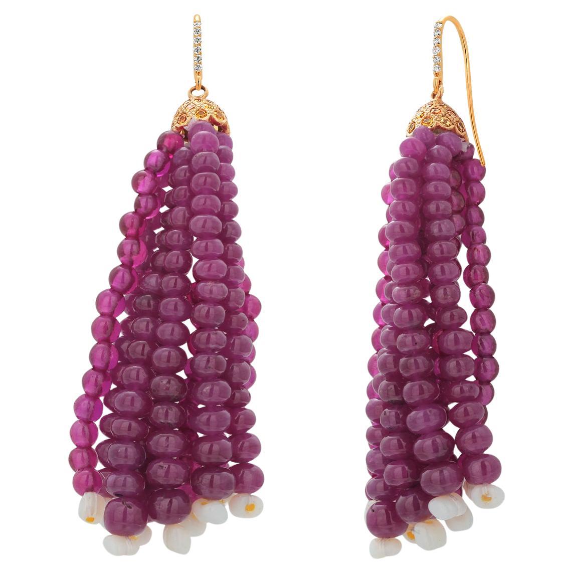 14K Yellow Gold Shepherd Hoop Earrings with Diamond, Yellow Sapphire, Ruby 
Opa For Sale