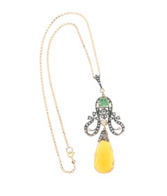 14K Yellow Gold Silver Faceted Topaz Drop Peridot Diamond Vintage Necklace