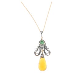 14K Yellow Gold Silver Faceted Topaz Drop Peridot Diamond Vintage Necklace