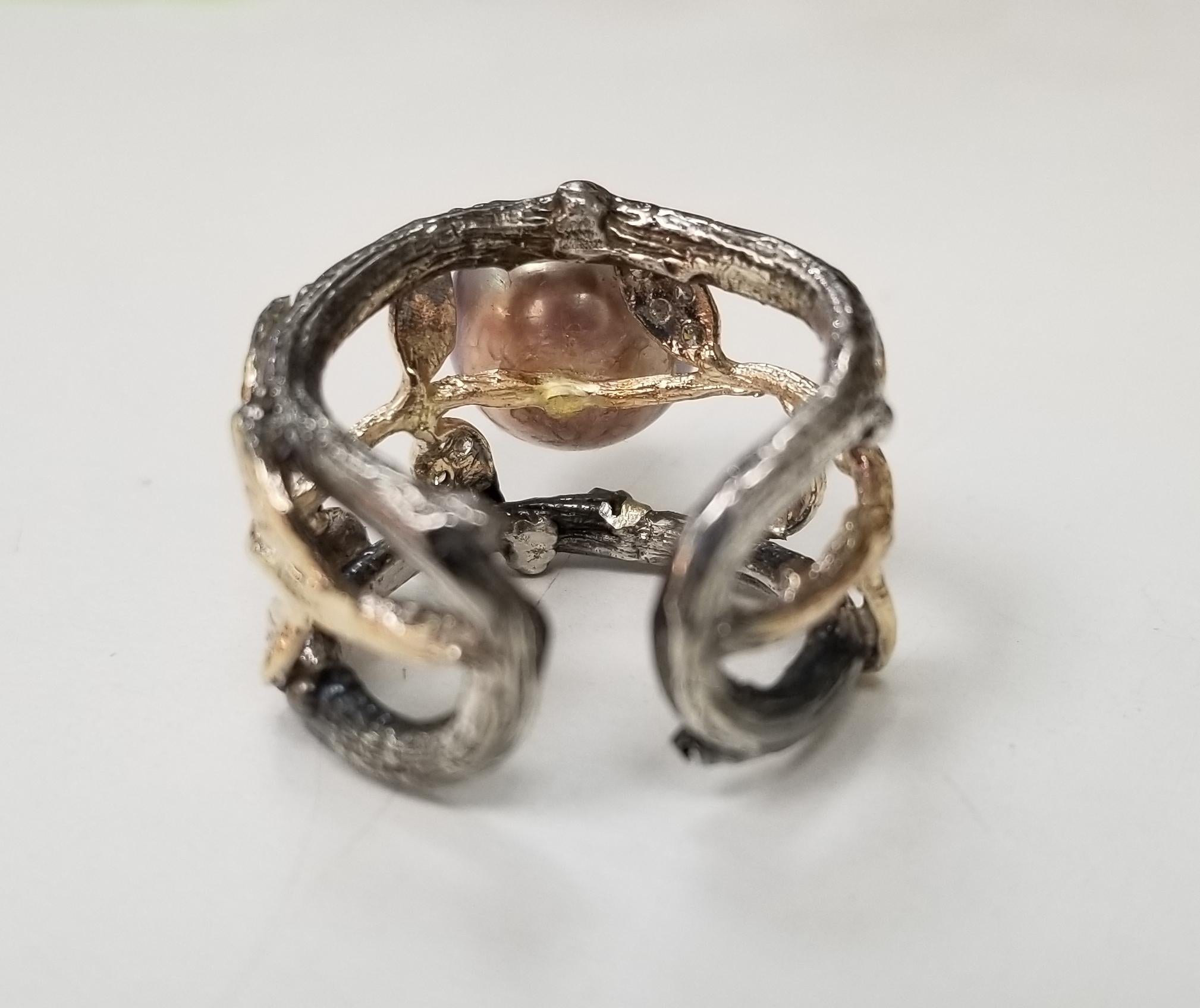 Artisan 14k Yellow Gold-Silver Gresha Signature Bark & Diamond Leaf w/ a South Sea Pearl For Sale