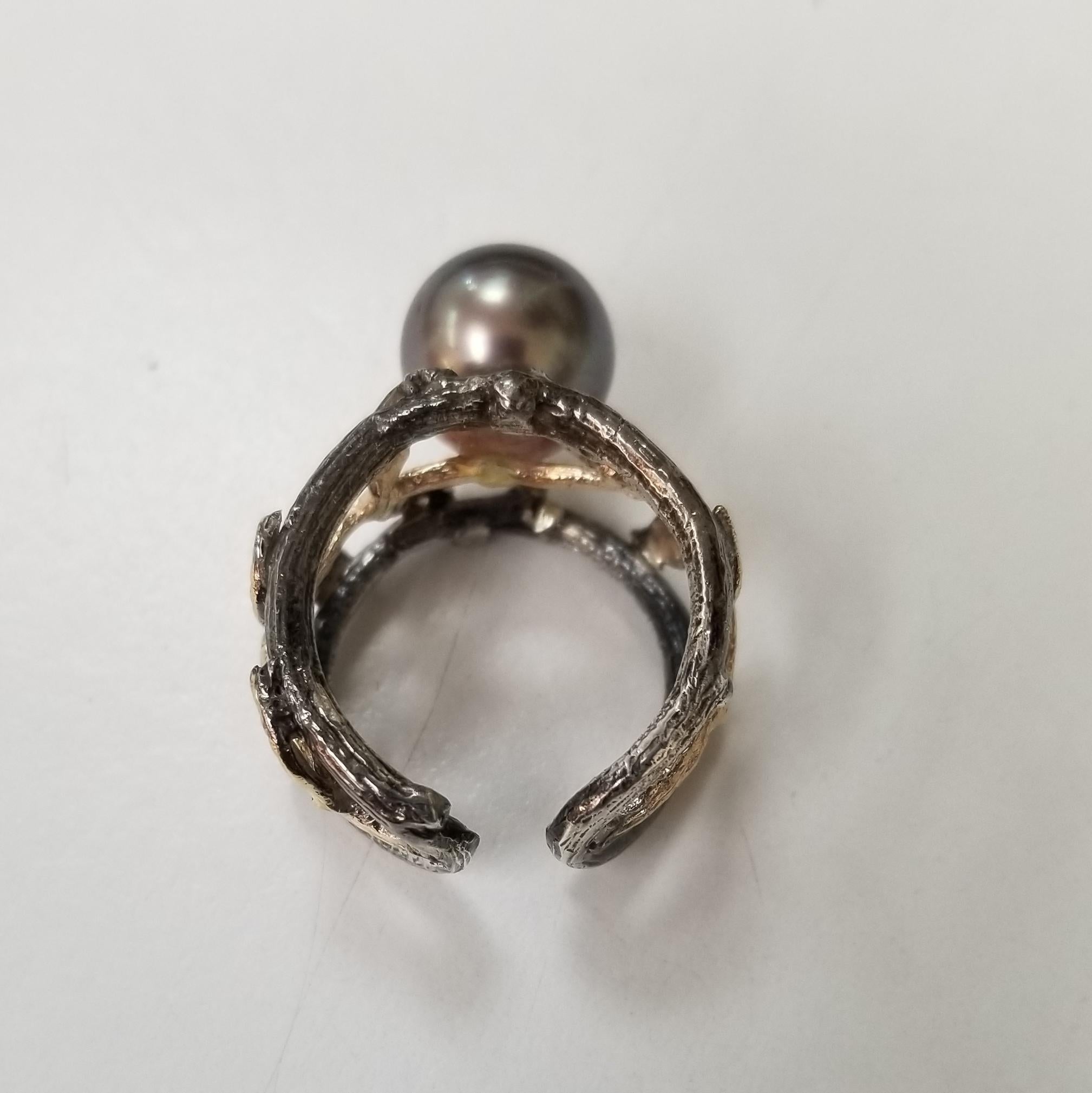 14k Yellow Gold-Silver Gresha Signature Bark & Diamond Leaf w/ a South Sea Pearl In New Condition For Sale In Los Angeles, CA