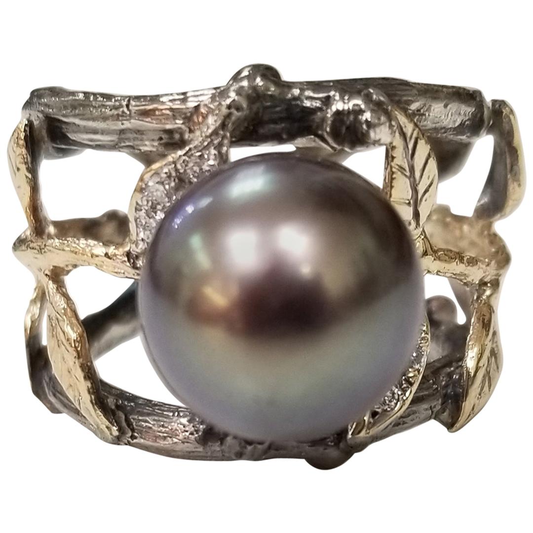 14k Yellow Gold-Silver Gresha Signature Bark & Diamond Leaf w/ a South Sea Pearl For Sale