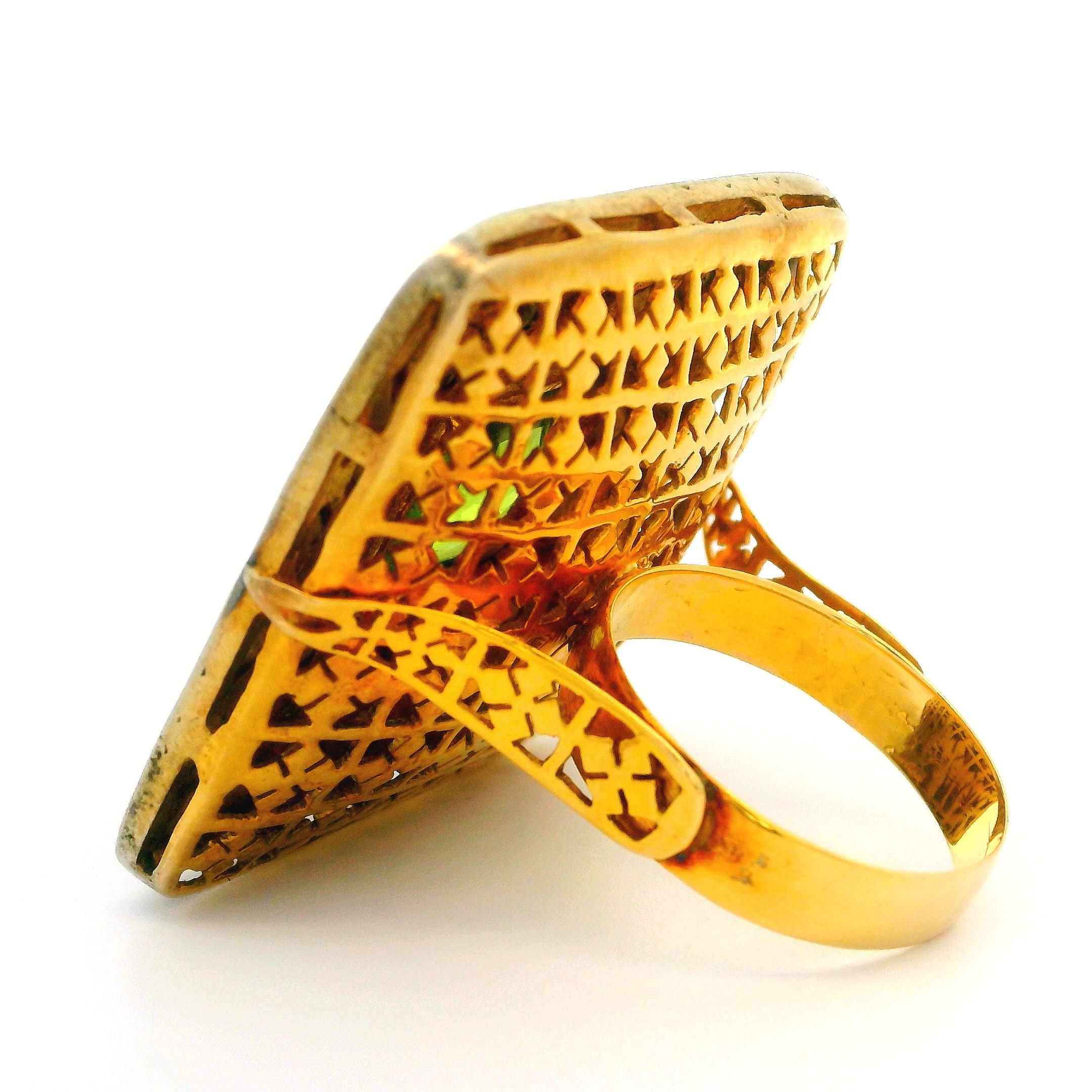 Cushion Cut 14k Yellow Gold & Silver Peridot Rose Mosaic Diamond Large Square Platter Ring For Sale