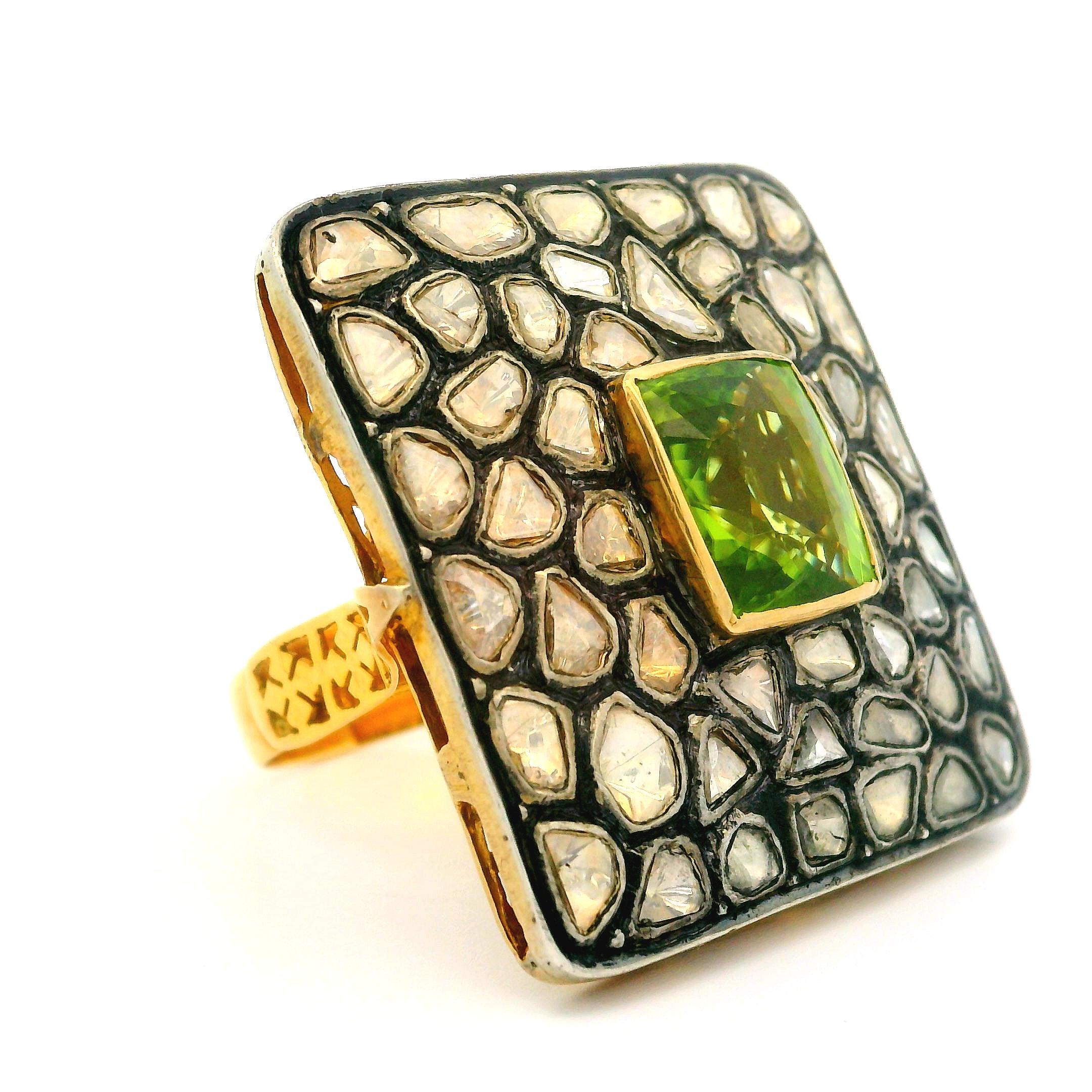 Women's 14k Yellow Gold & Silver Peridot Rose Mosaic Diamond Large Square Platter Ring For Sale