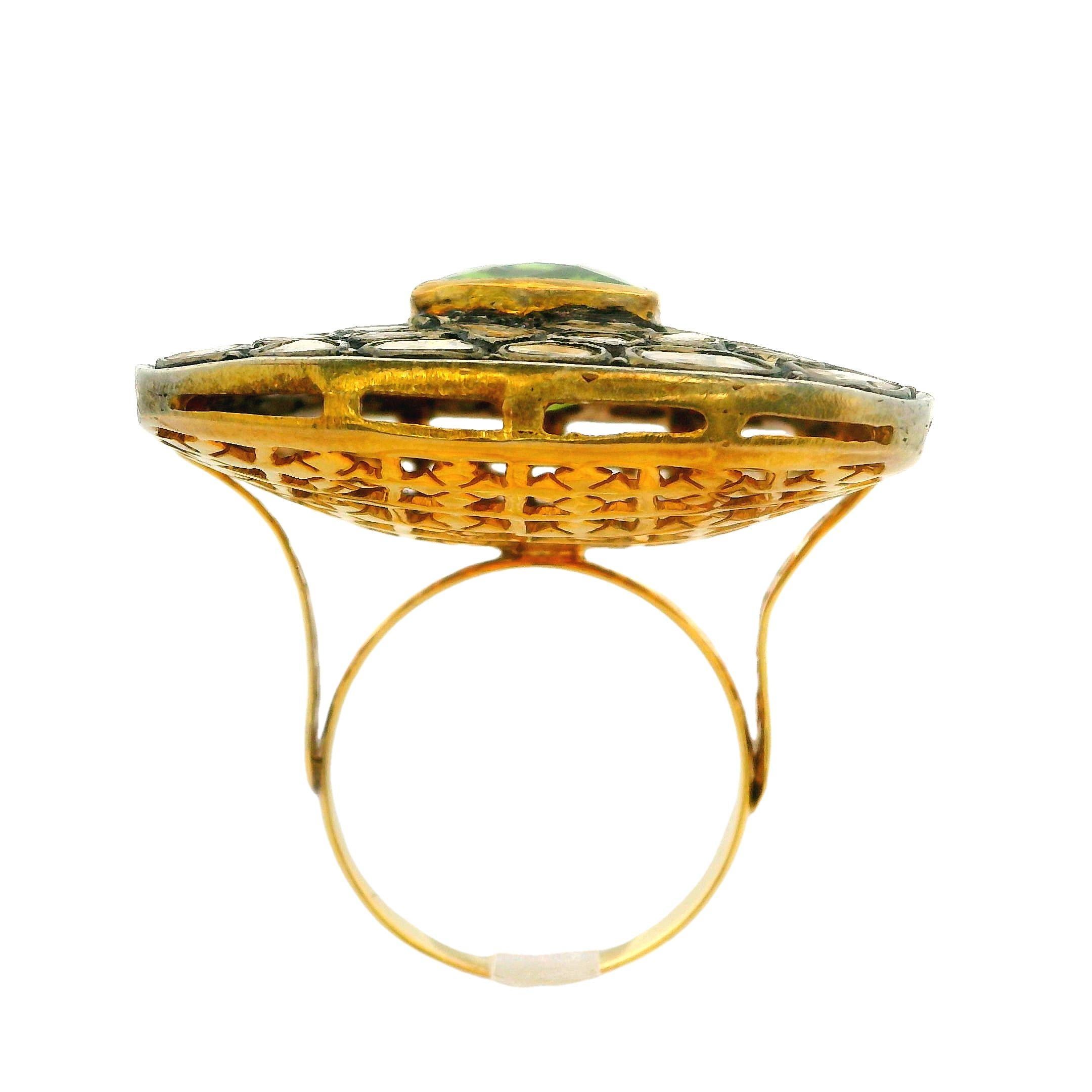 14k Yellow Gold & Silver Peridot Rose Mosaic Diamond Large Square Platter Ring For Sale 1