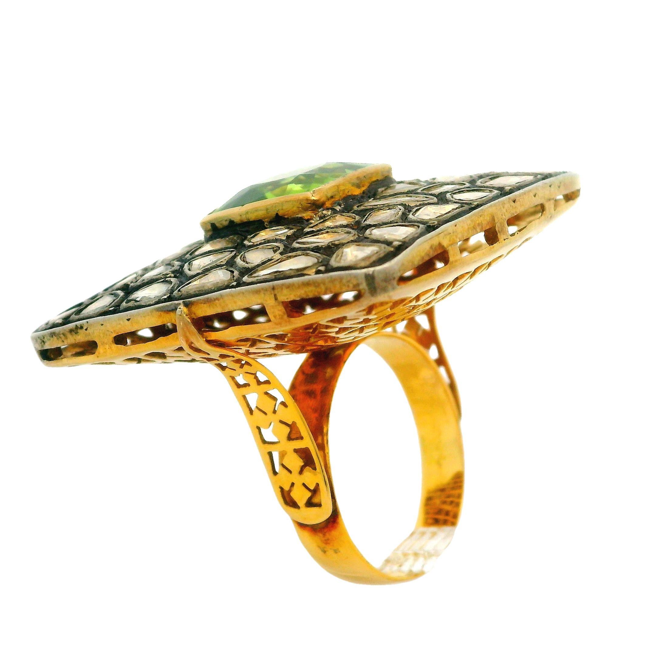 14k Yellow Gold & Silver Peridot Rose Mosaic Diamond Large Square Platter Ring For Sale 2