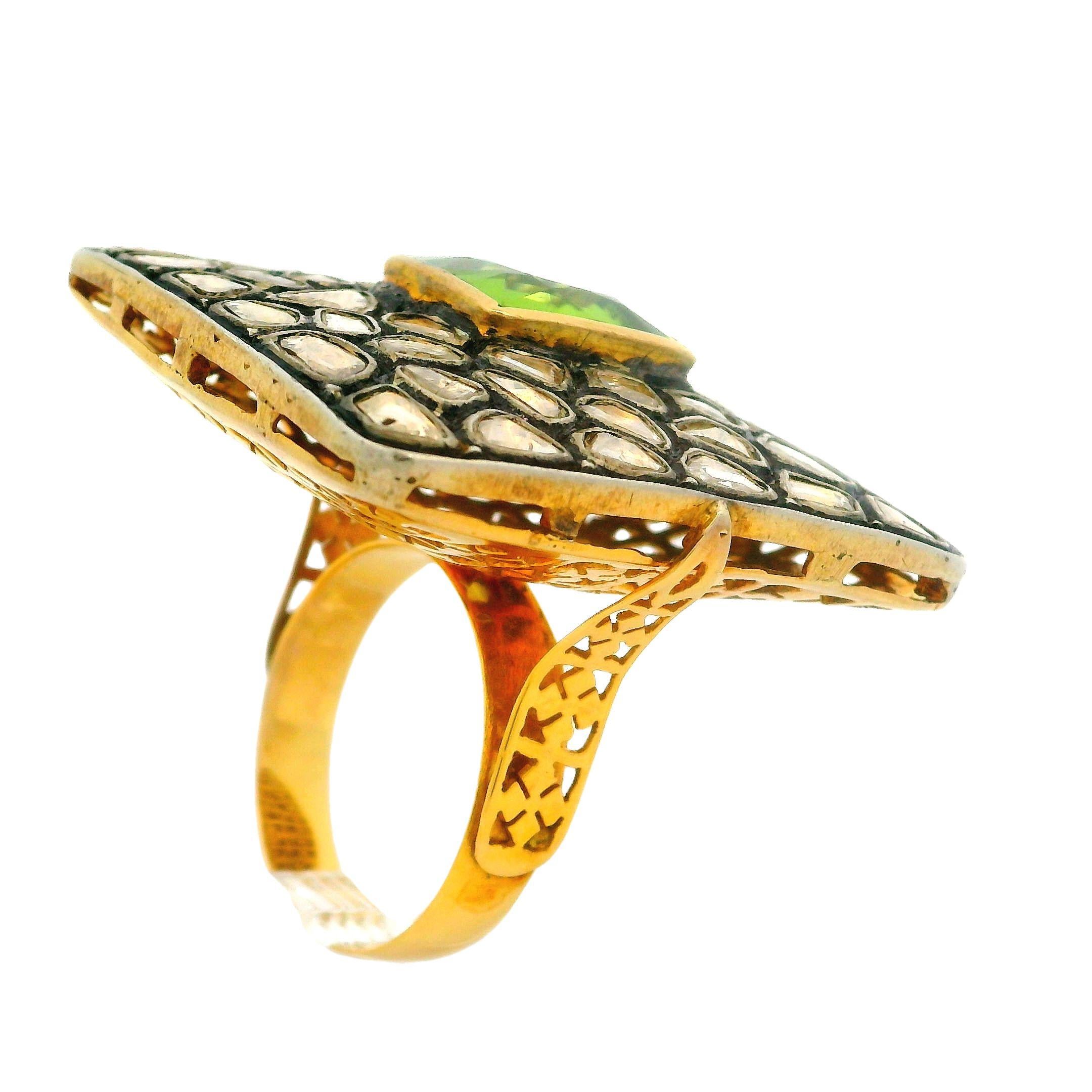 14k Yellow Gold & Silver Peridot Rose Mosaic Diamond Large Square Platter Ring For Sale 3
