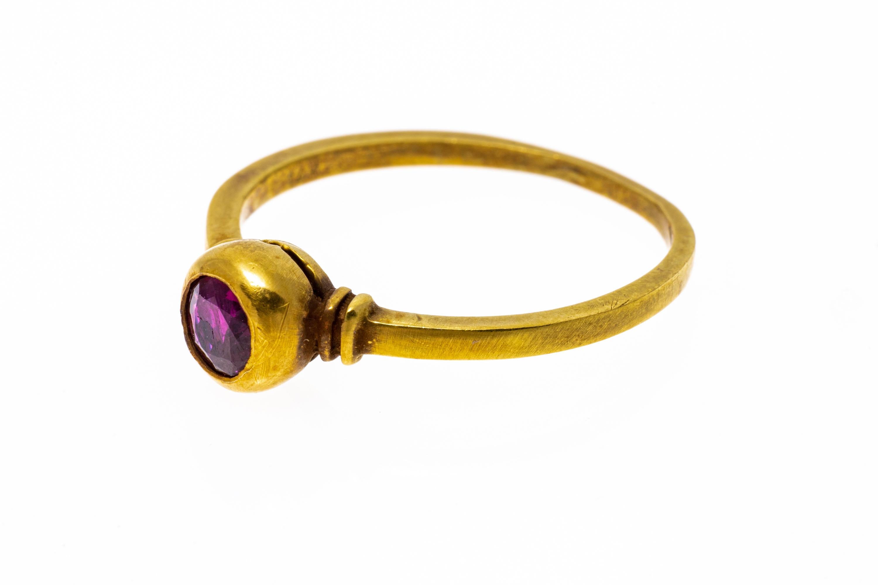 14k Yellow Gold Simple Burnished High Bezel Set Ruby Ring For Sale 2