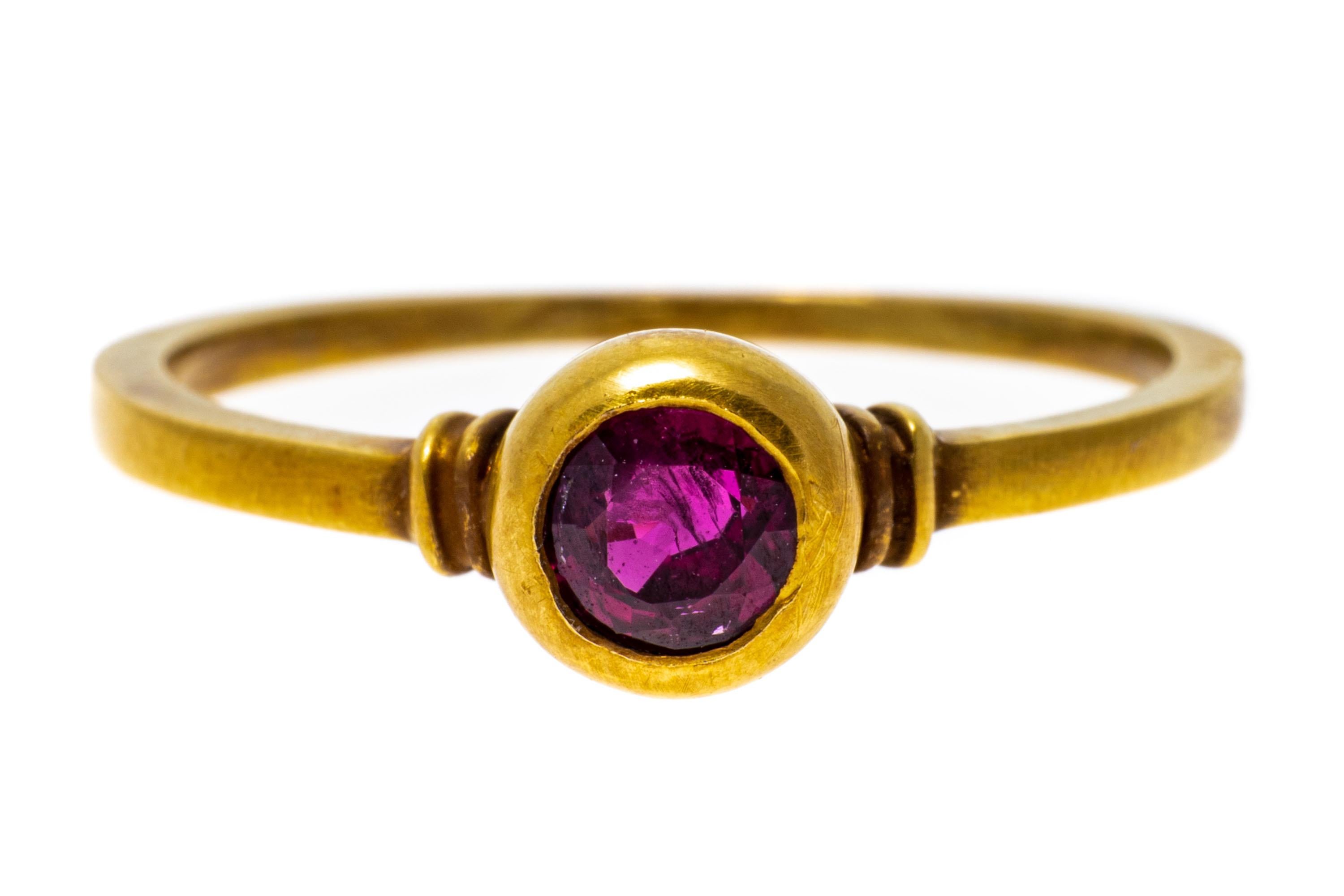 14k Yellow Gold Simple Burnished High Bezel Set Ruby Ring For Sale 3