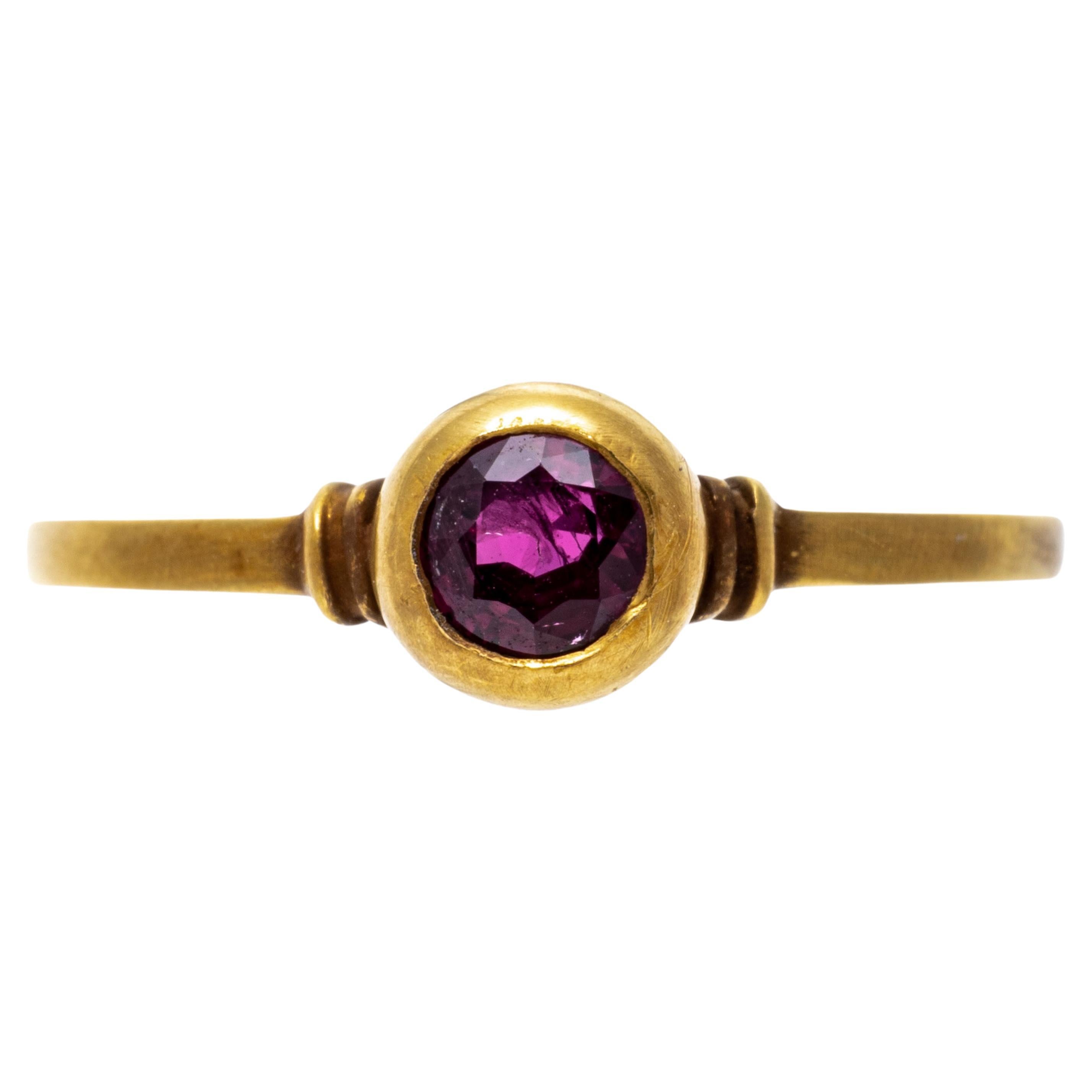 14k Yellow Gold Simple Burnished High Bezel Set Ruby Ring For Sale