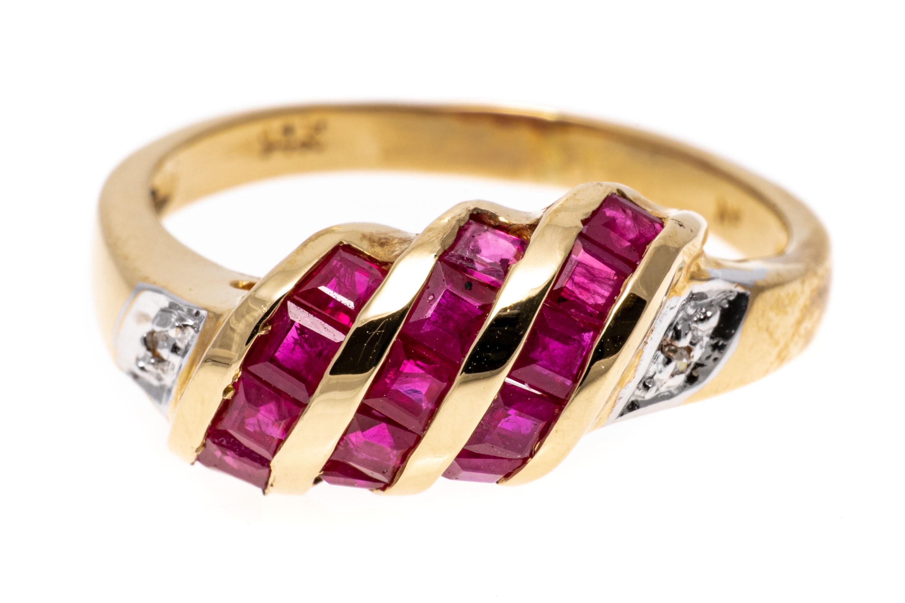 14K Yellow Gold Slanted Square Ruby Dome Ring with Diamonds For Sale 4