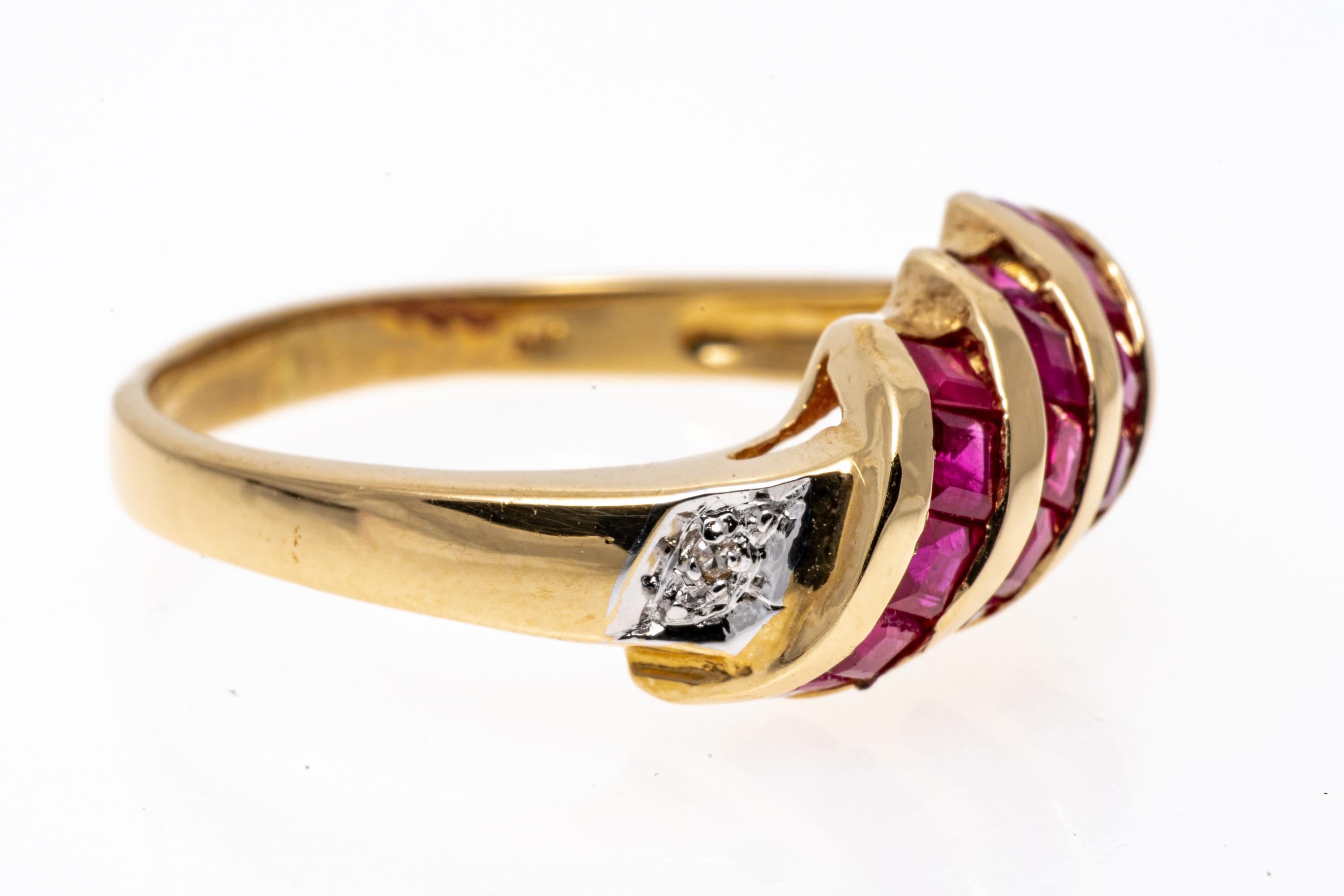 Retro 14K Yellow Gold Slanted Square Ruby Dome Ring with Diamonds For Sale