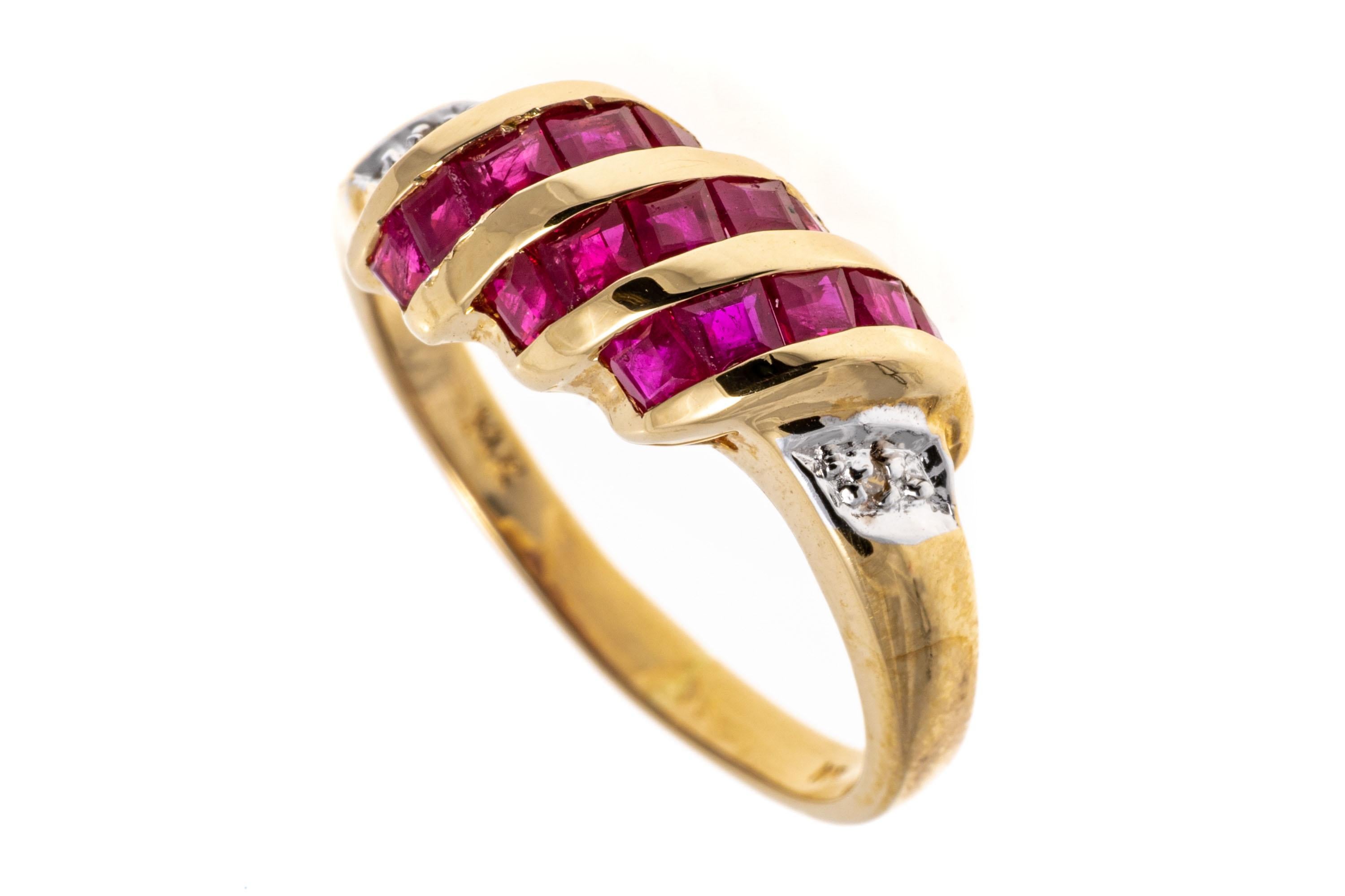 14K Yellow Gold Slanted Square Ruby Dome Ring with Diamonds For Sale 1