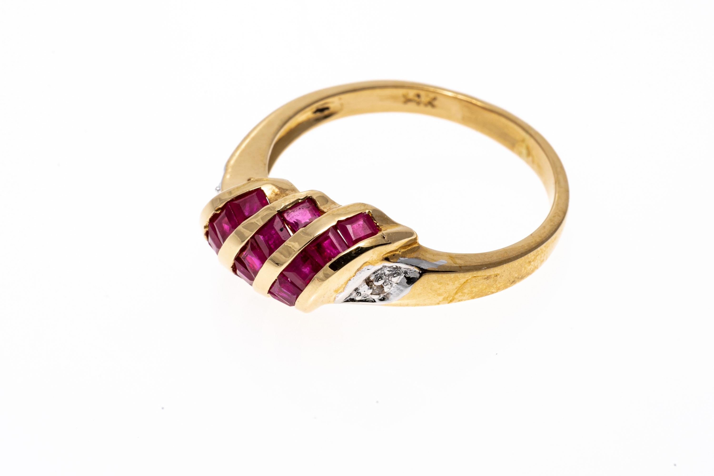 14K Yellow Gold Slanted Square Ruby Dome Ring with Diamonds For Sale 2
