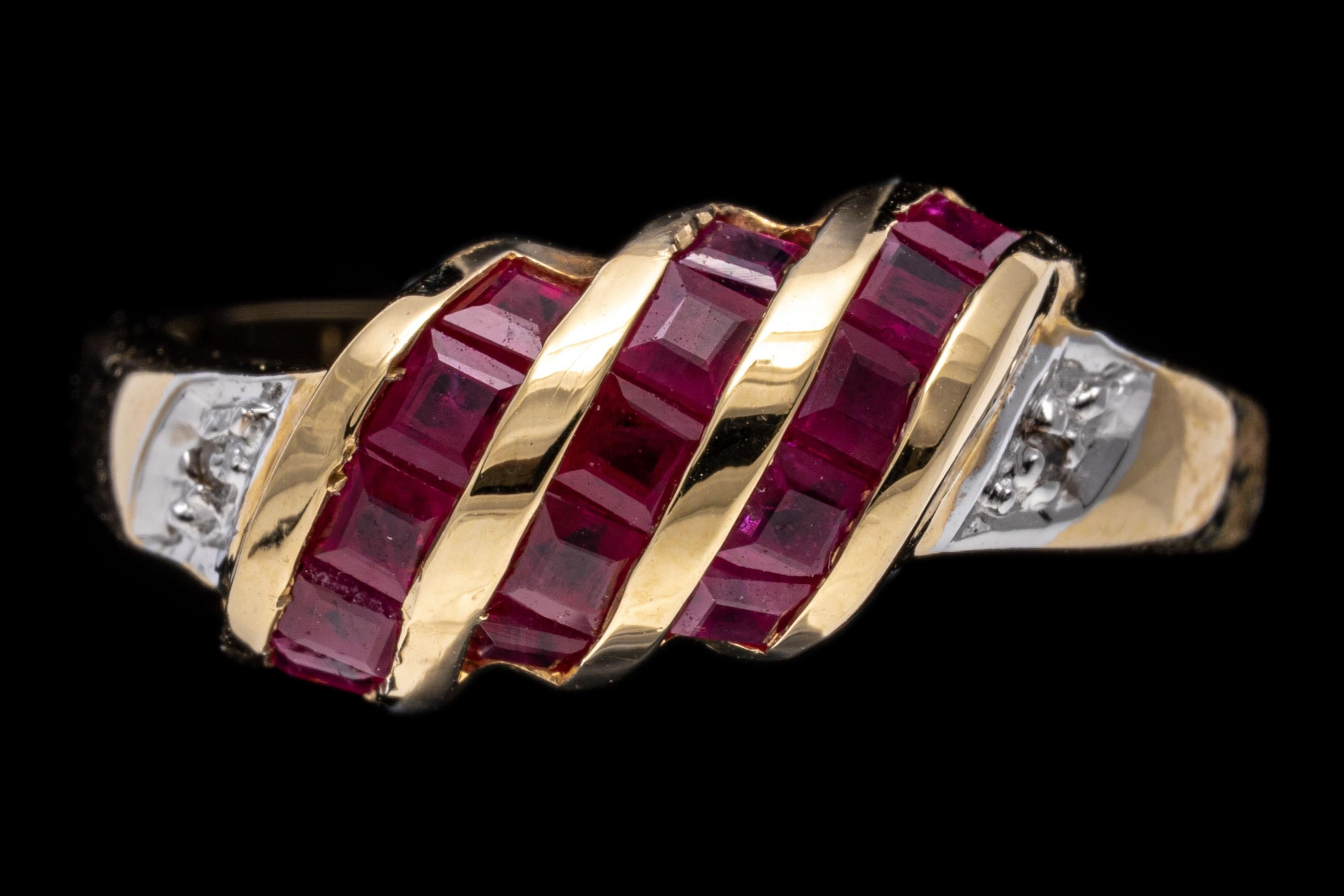 14K Yellow Gold Slanted Square Ruby Dome Ring with Diamonds For Sale 3