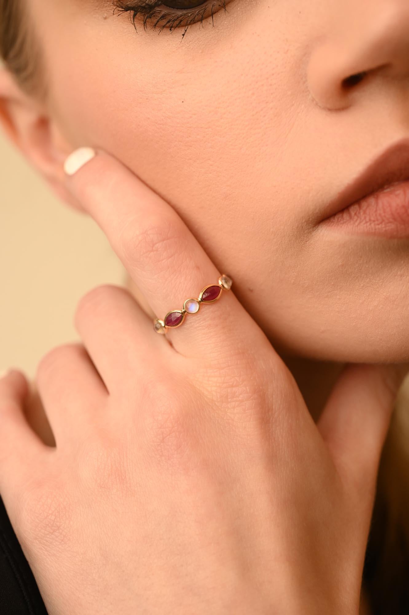 For Sale:  14k Yellow Gold Sleek Stackable Rainbow Moonstone Ruby Eternity Band Ring 9