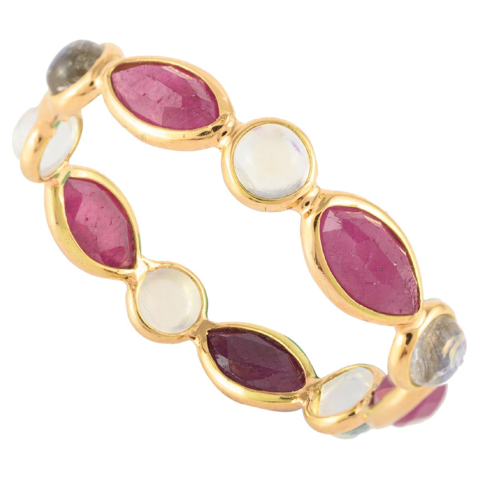 For Sale:  14k Yellow Gold Sleek Stackable Rainbow Moonstone Ruby Eternity Band Ring
