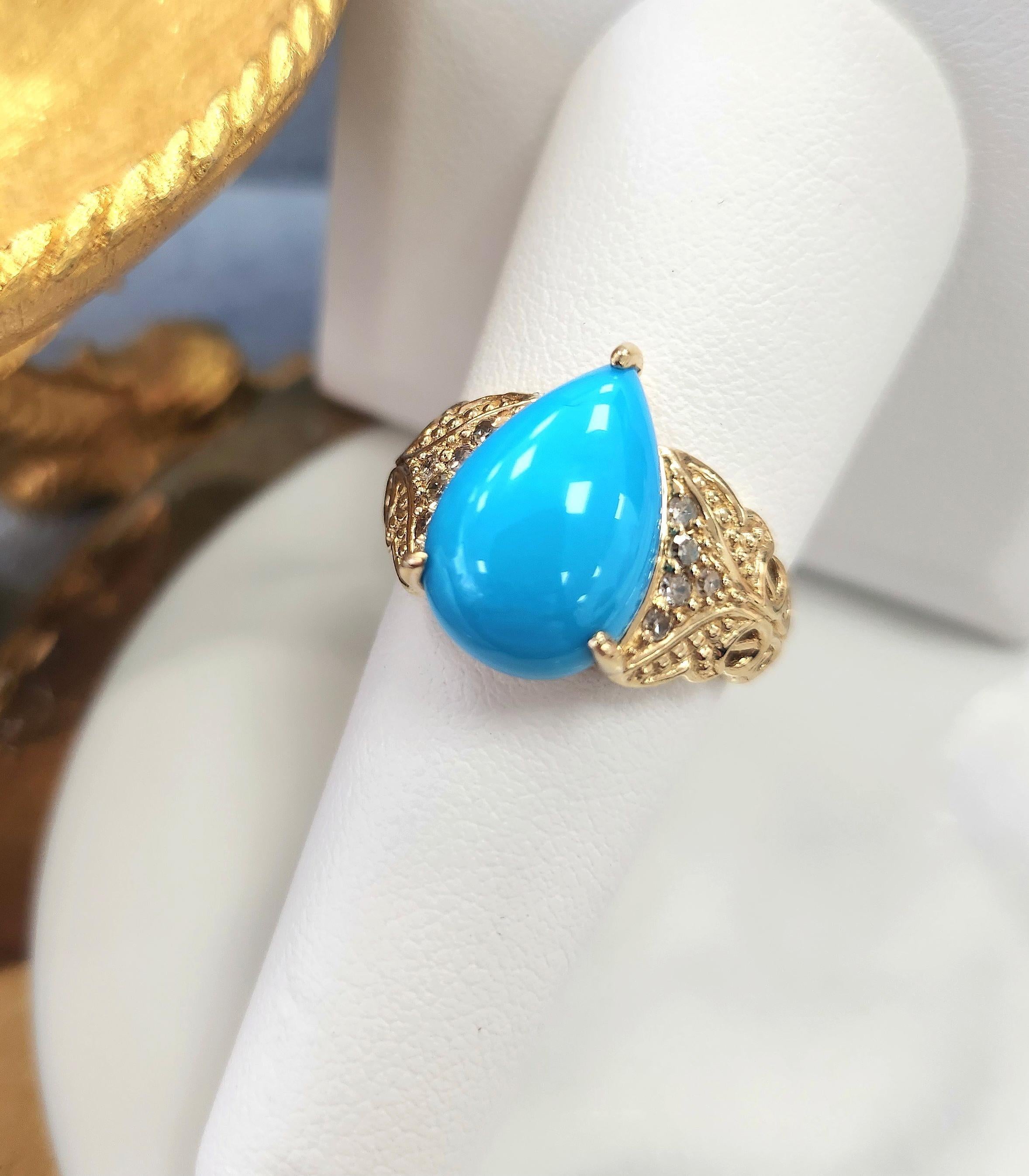 Taglio a goccia Anello con diamante e turchese a forma di pera Bella Addormentata in oro giallo 14K in vendita
